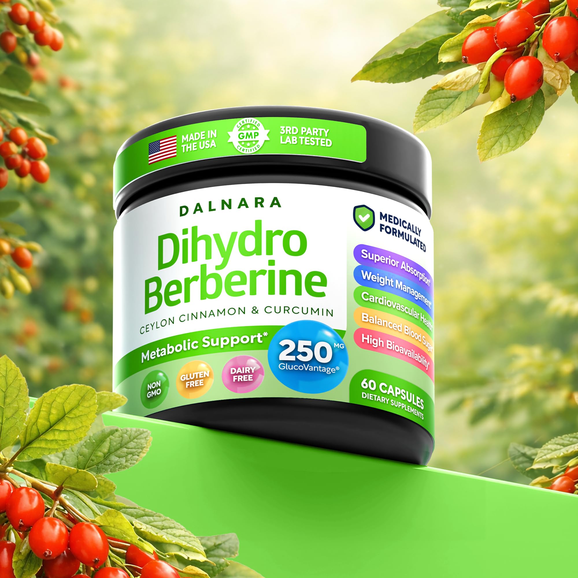 Dalnara Dihydroberberine Capsules 250mg, 60 Count - Supports Metabolic Wellness & Balanced Energy, Non-GMO,Dihydroberberine Supplement Dalnara uk supplements