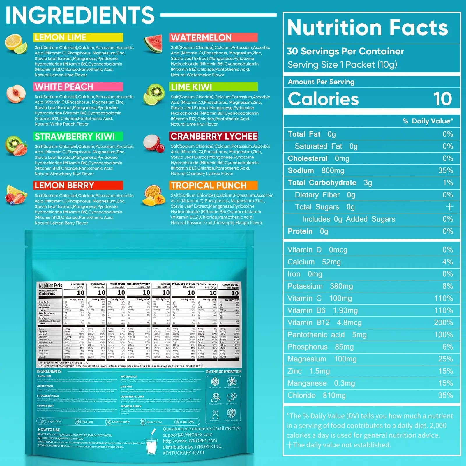 JYNOREX Electrolytes Powder Packets Sugar Free, 30 Sticks High Sodium Hydration Packets, Electrolyte Drink Mix with Lemon Lime Watermelon Peach Berry Kiwi JYNOREX uk supplements