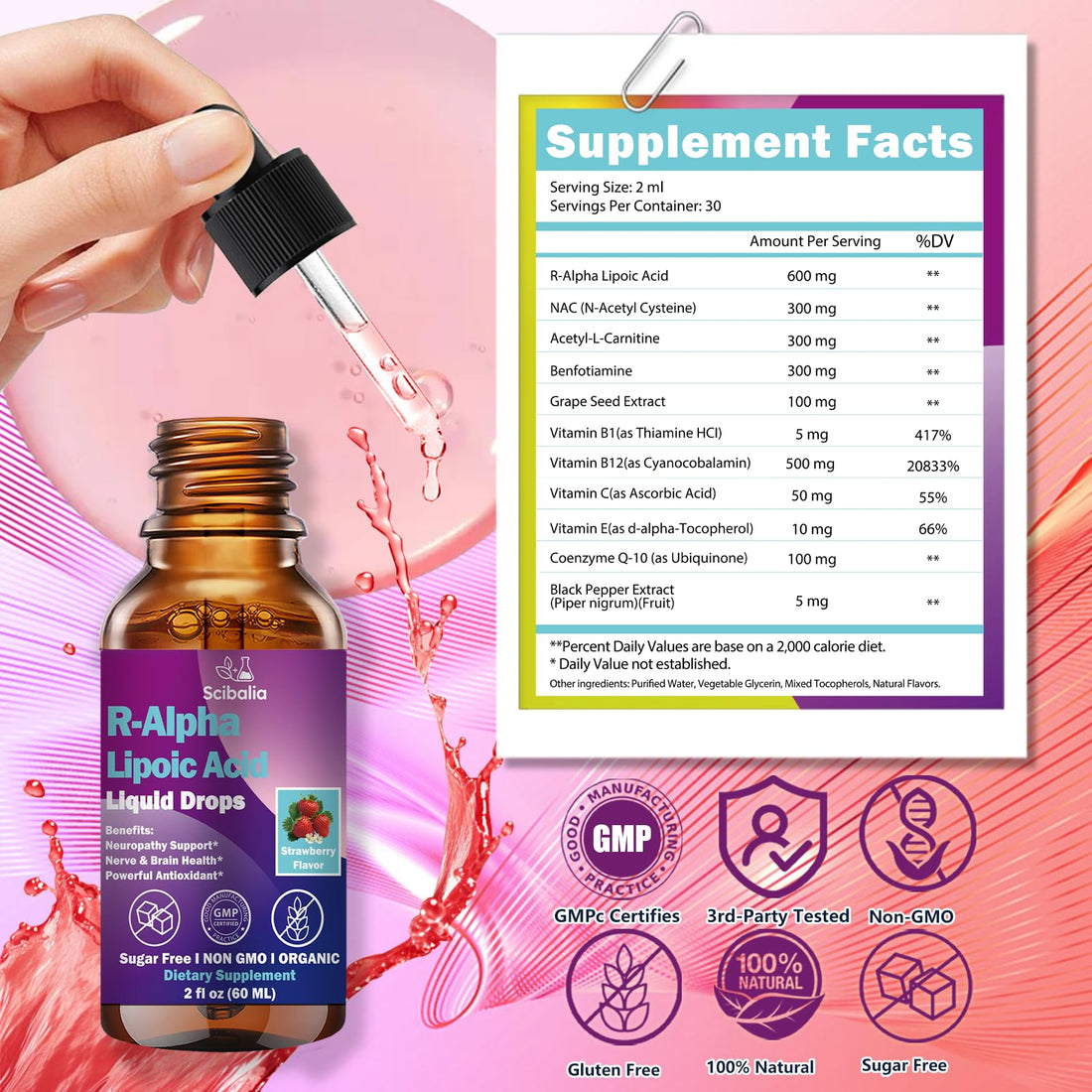 R Alpha Lipoic Acid 600mg Liquid Drops for Neuropathy, Advanced 11-in-1 Stabilized R-ALA Supplement w. Benfotiamine Acetyl L-Carnitine Vitamin C E for Antioxidant Nerve Brain Energy Health Non GMO Scibalia uk supplements