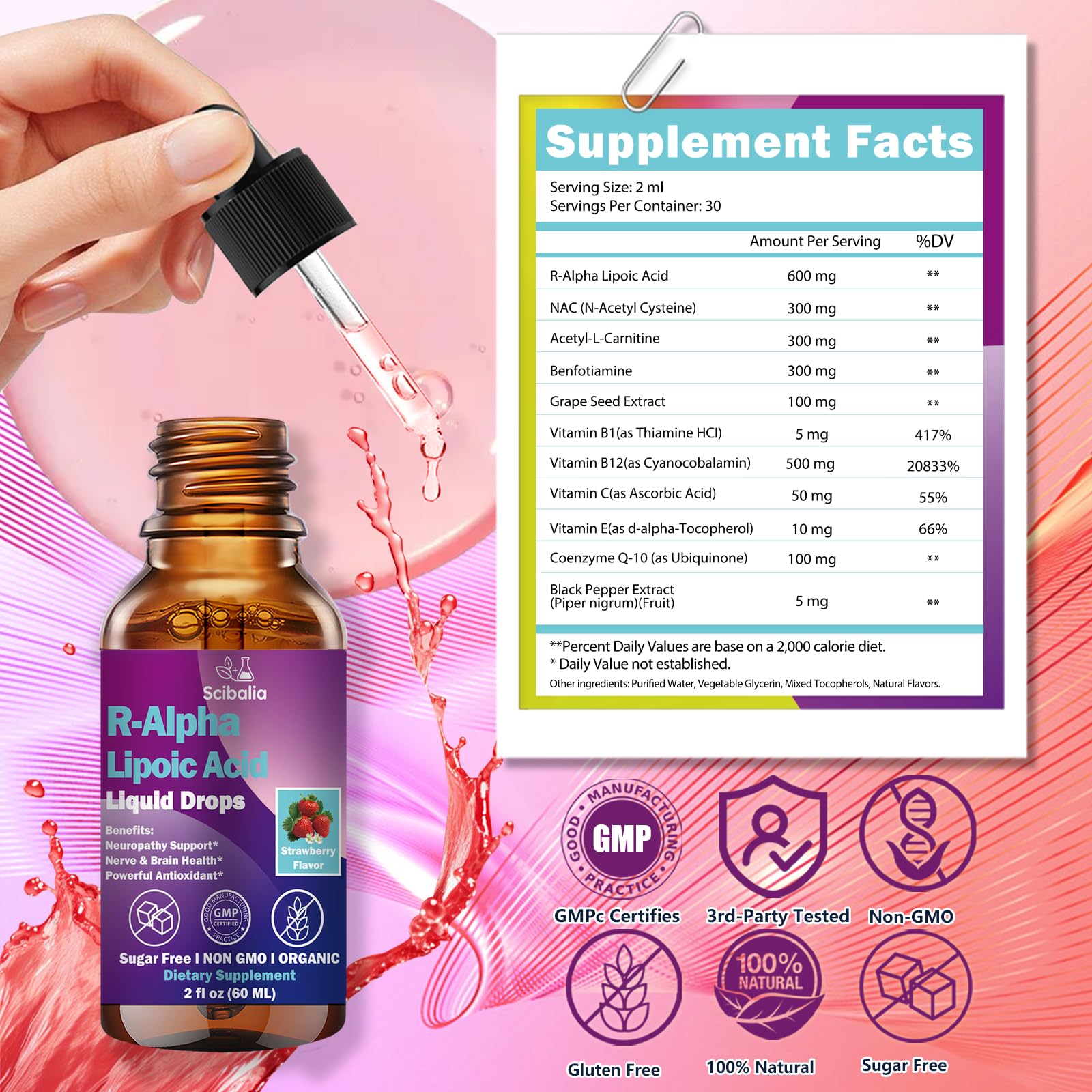 R Alpha Lipoic Acid 600mg Liquid Drops for Neuropathy, Advanced 11-in-1 Stabilized R-ALA Supplement w. Benfotiamine Acetyl L-Carnitine Vitamin C E for Antioxidant Nerve Brain Energy Health Non GMO Scibalia uk supplements