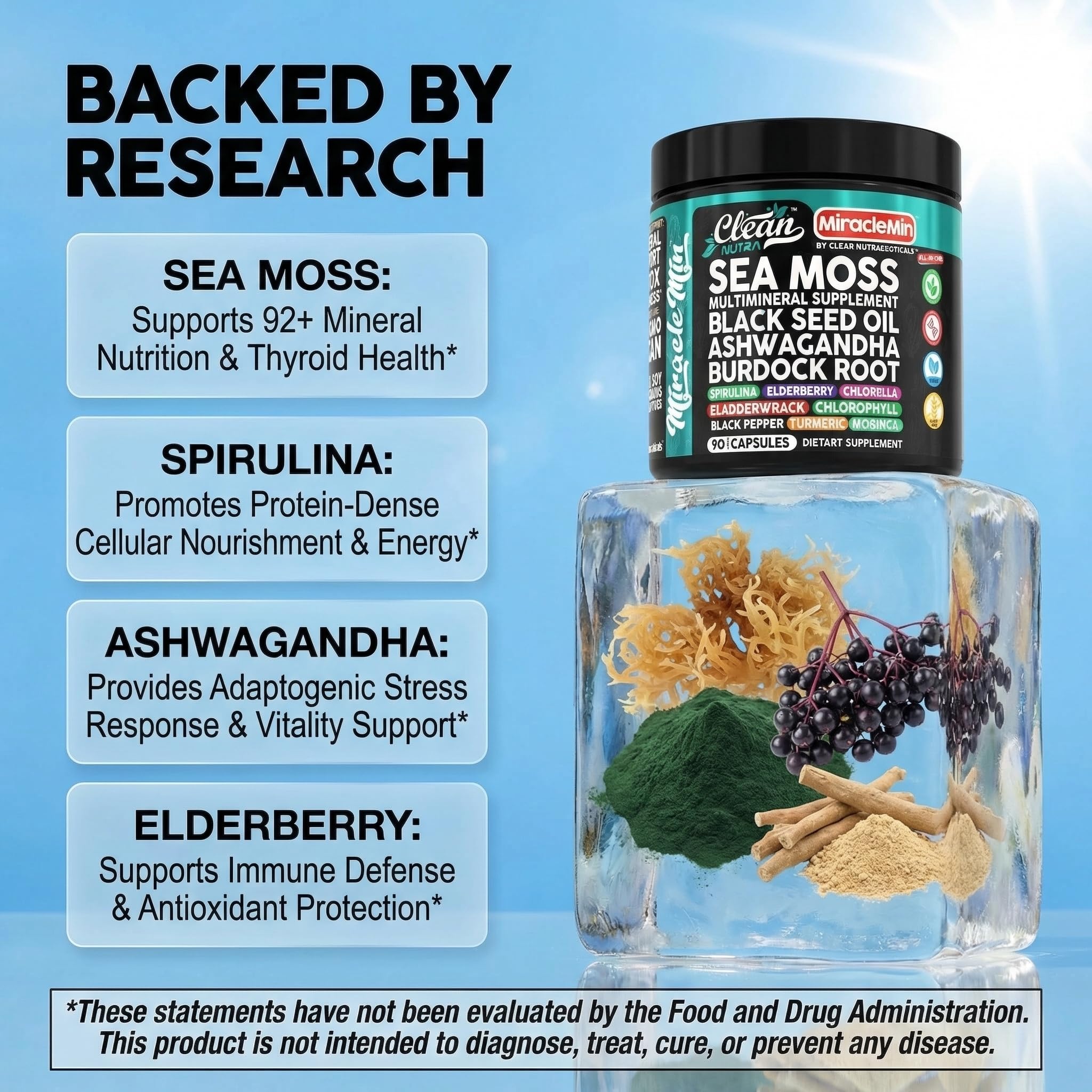 Clean Nutra Organic Sea Moss Capsules with Ashwagandha, Black Seed Oil, Burdock Root, Bladderwrack, Moringa, Chlorella, Spirulina, Turmeric, Elderberry, Amla – 90 Vegan Capsules – MiracleMin Clean Nutraceuticals uk supplements
