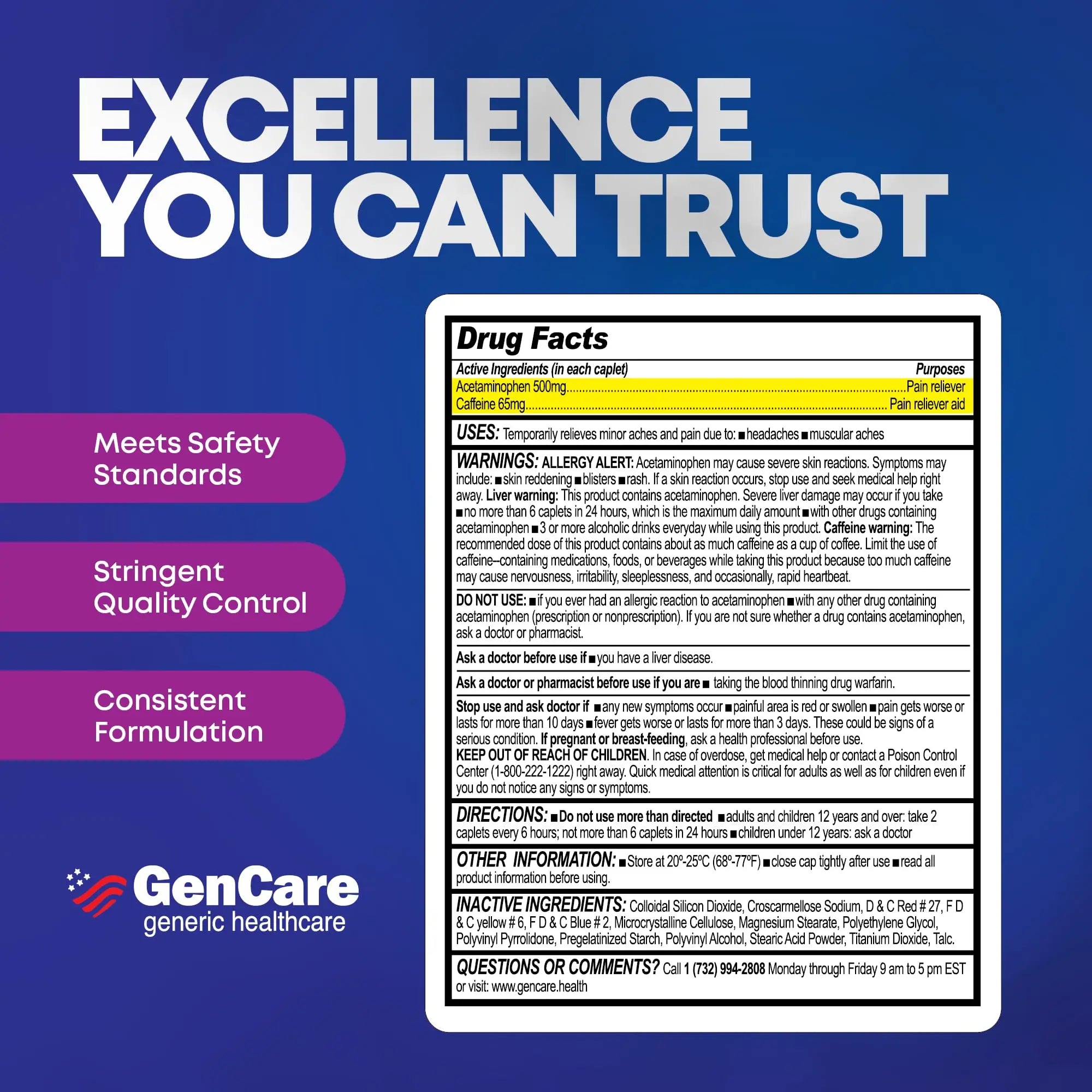 GenCare - Tension Headache Relief Pain Reliever with Acetaminophen 500 mg & Caffeine 65 mg (200 Caplets) Best Value Bulk Extra Strength for Head, Migraine, Joint Pain & Body Ache Relief Medicine GenCare uk supplements