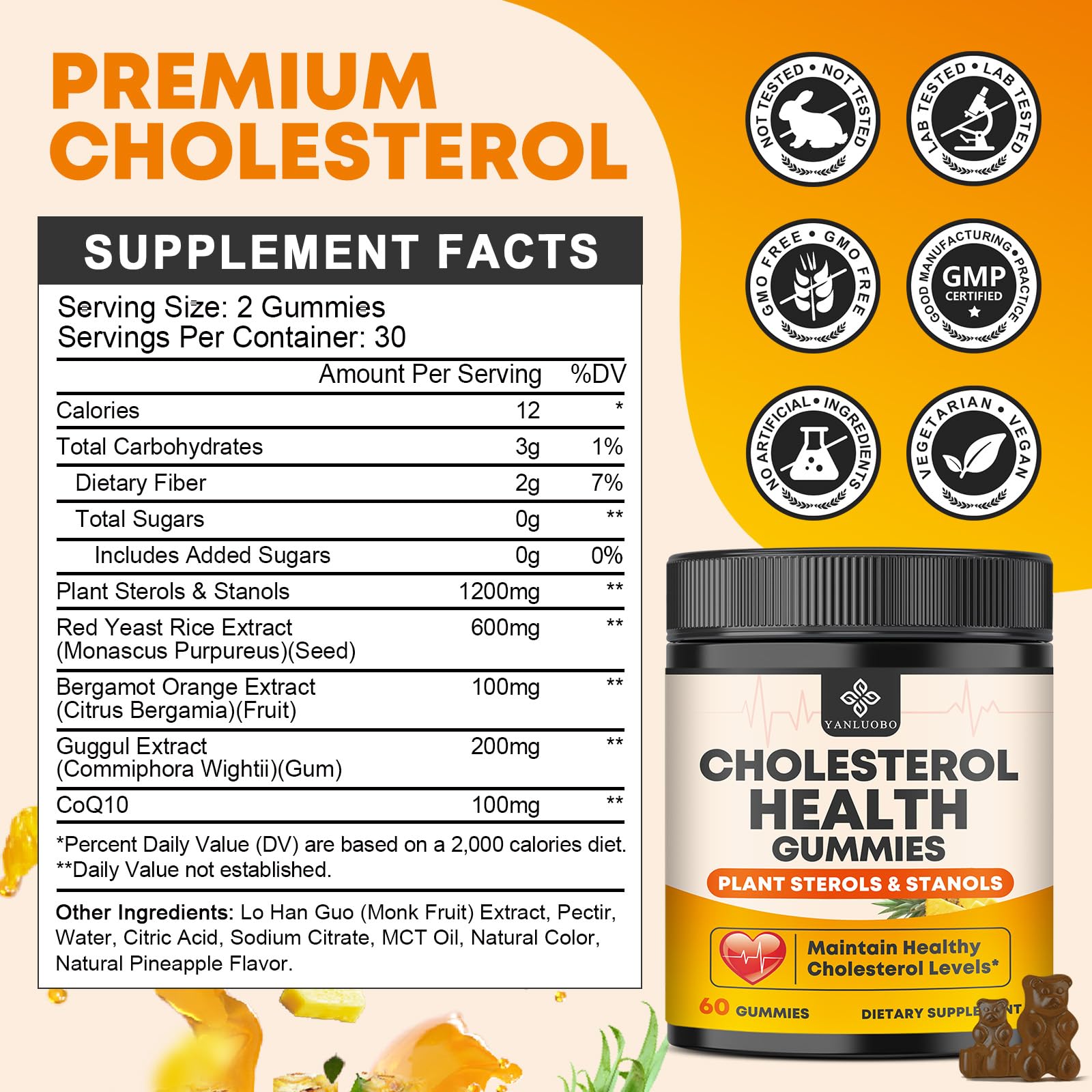 Cholesterol Supplements with 1200mg Plant Sterols & Stanols, Guggul, Bergamot, Red Yeast Rice, Cholesterol Complex Gummies Support Healthy Cholesterol Levels, Pineapple Flavor, 60 Counts YANLUOBO uk supplements