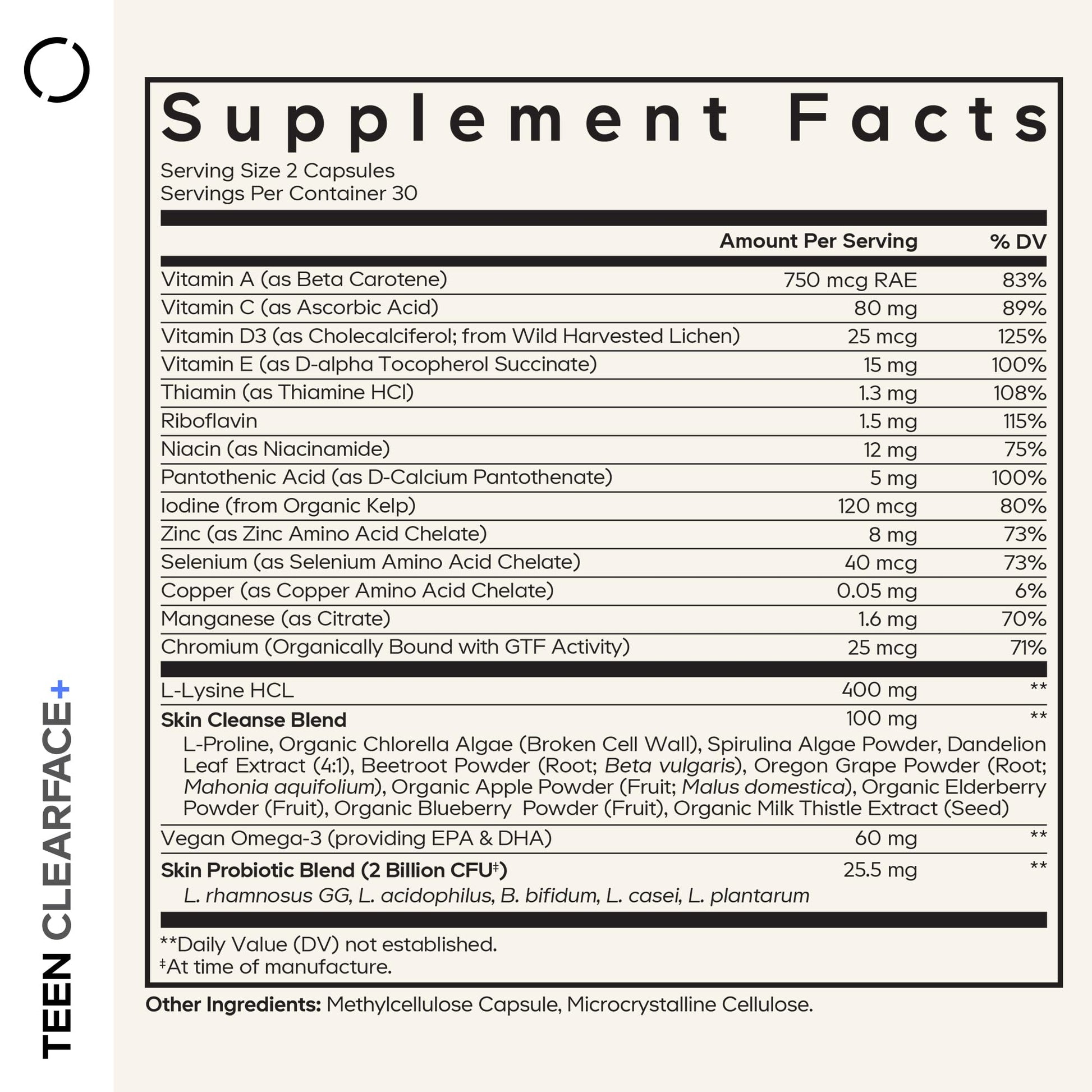 Codeage Teen Clearface Adolescent Face, Skin & Pimples, Vitamins A, C, D3, E, Pantothenic Acid, Niacin, Zinc Supplement Teenagers, Probiotics, L-Lysine, Omega-3, Oily Skin, Pores, Spots - 60 Capsules Codeage uk supplements