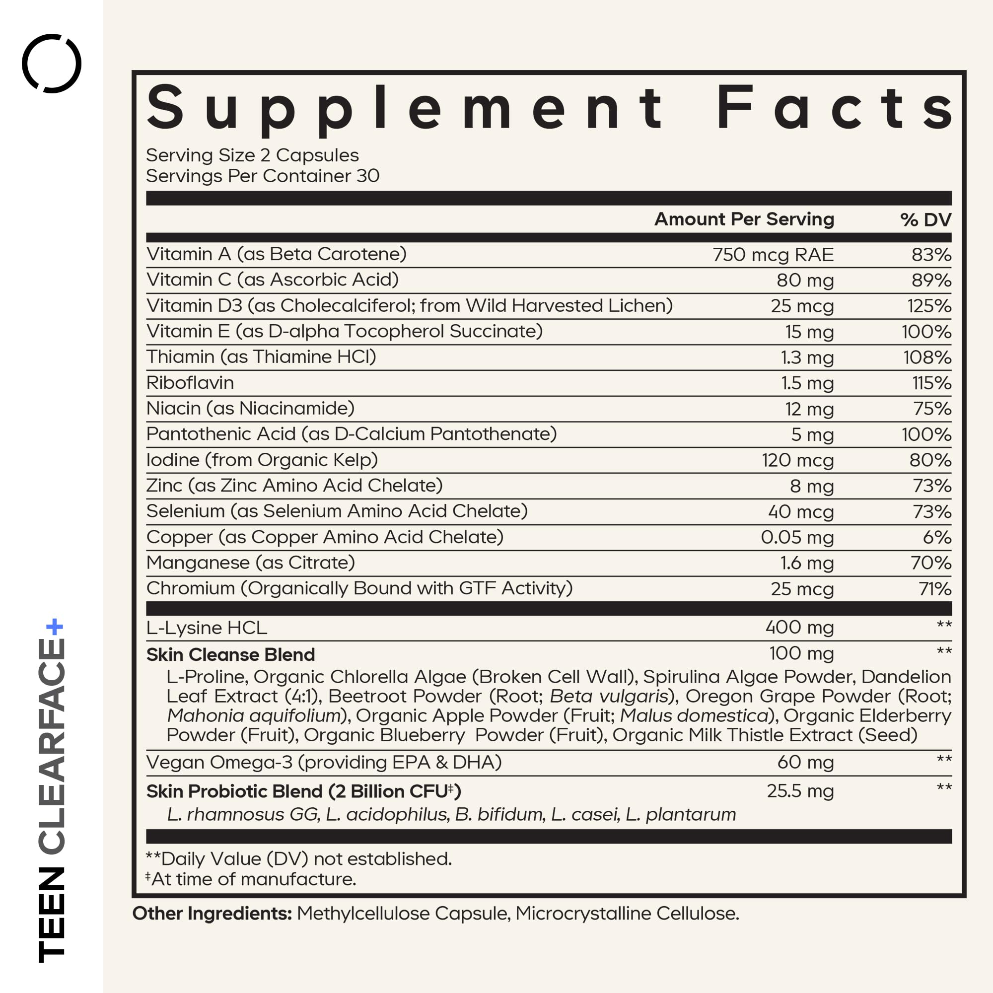 Codeage Teen Clearface Adolescent Face, Skin & Pimples, Vitamins A, C, D3, E, Pantothenic Acid, Niacin, Zinc Supplement Teenagers, Probiotics, L-Lysine, Omega-3, Oily Skin, Pores, Spots - 60 Capsules Codeage uk supplements