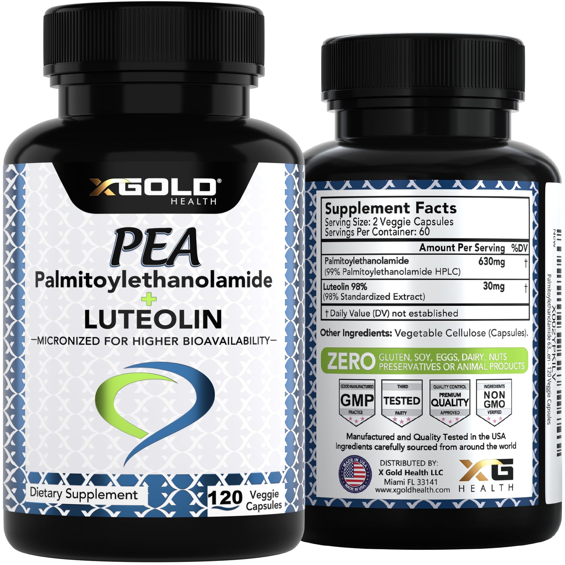 Palmitoylethanolamide 630 mg + Luteolin Standardized 98%- Micronized Pea 99% Highly Purified and Bioavailable - Made in USA - Supplement for Men and Women - 120 Veggie Capsules X Gold Health uk supplements