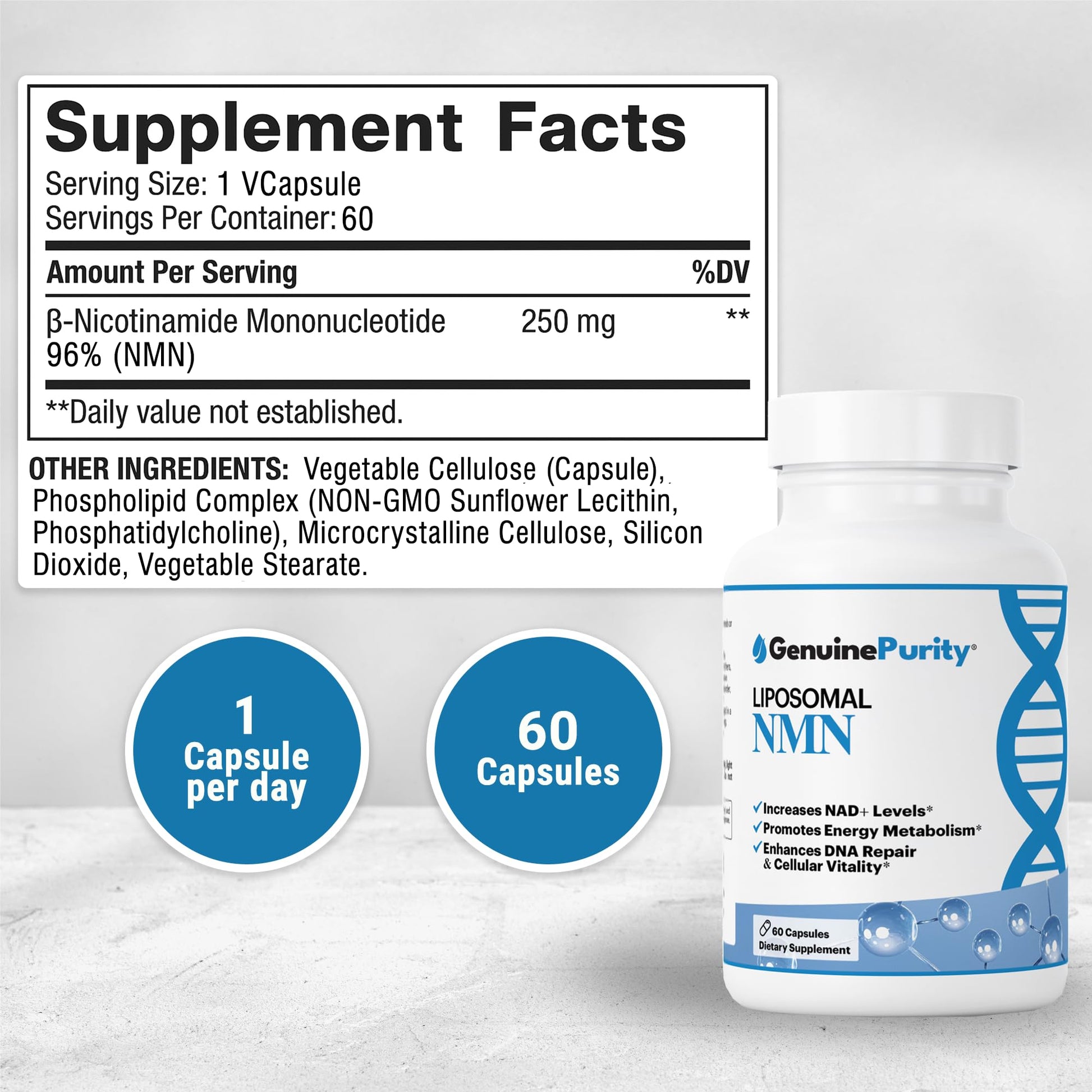 GenuinePurity - 250mg Liposomal NMN Supplement - 60 Vegan Capsules to Support NAD+ Production, Cellular Energy & Healthy Aging - Nicotinamide Mononucleotide for Metabolic Wellness & Immune Support GenuinePurity uk supplements