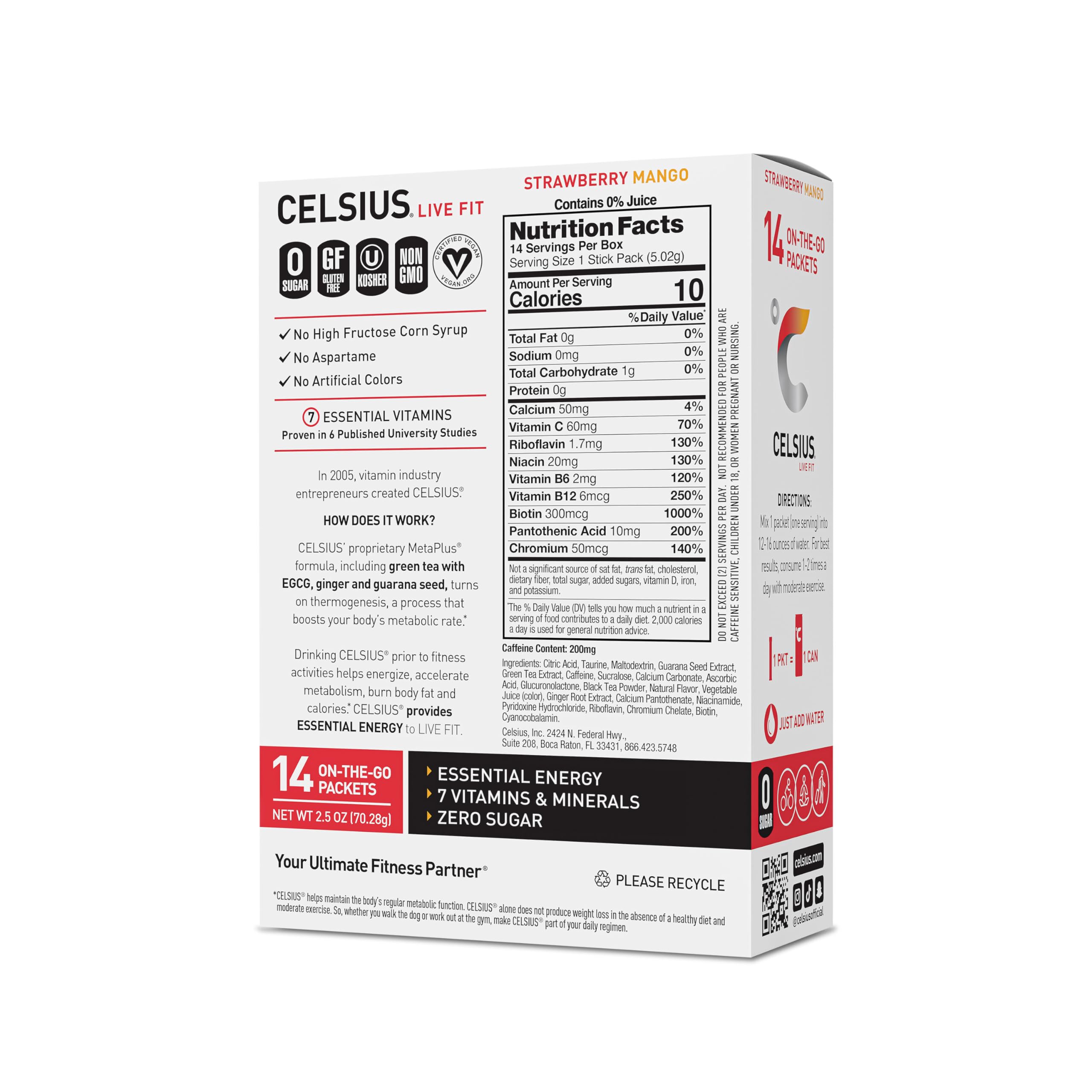 CELSIUS On-the-Go Powder Sticks Strawberry Mango, Essential Energy 14 Sticks per Pack CELSIUS uk supplements