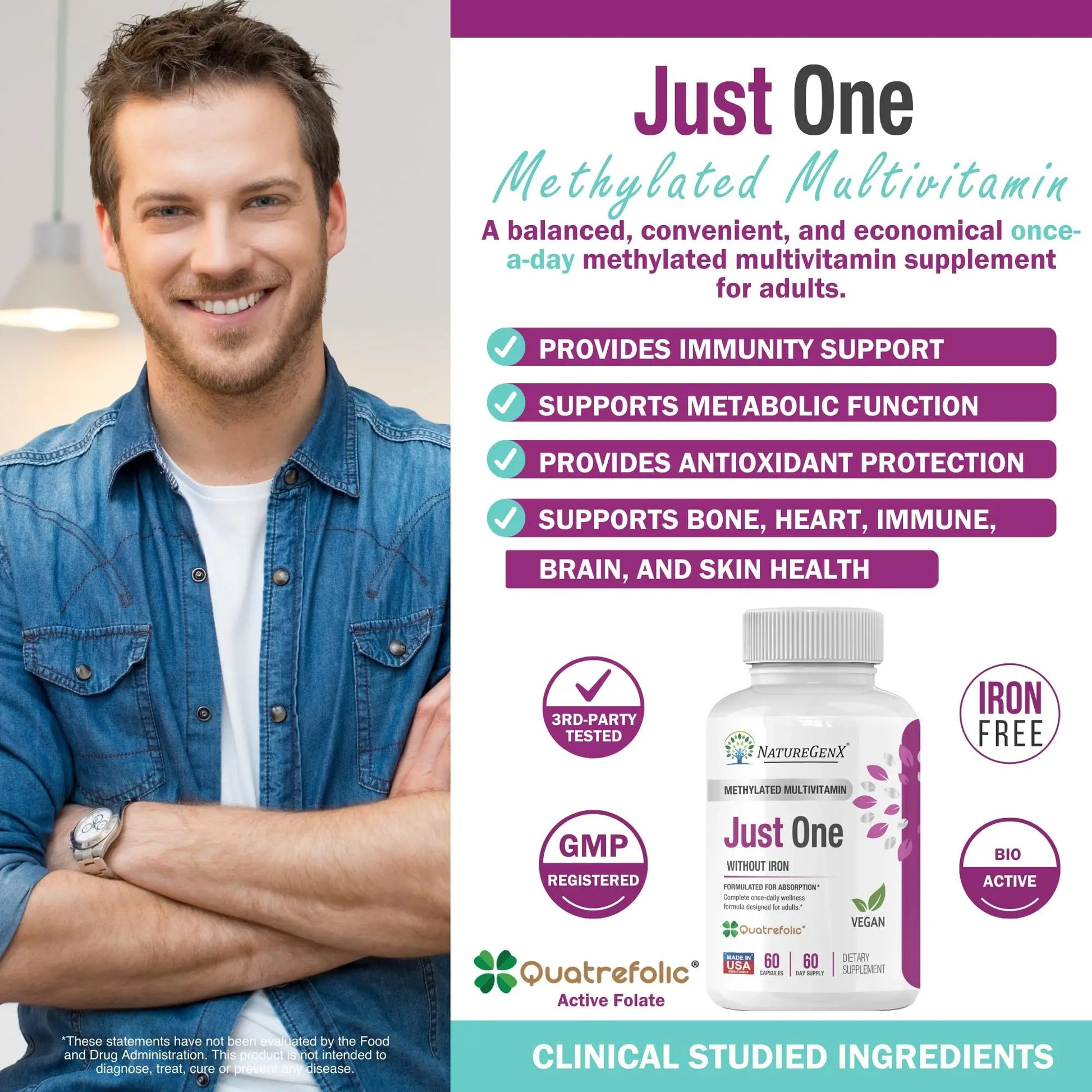 NatureGenX Just One Daily Methylated Multivitamin - 60 Caps Pure Methyl B12, Methylfolate MTHFR Support Supplement Iron Free Methylated Vitamins NatureGenX uk supplements