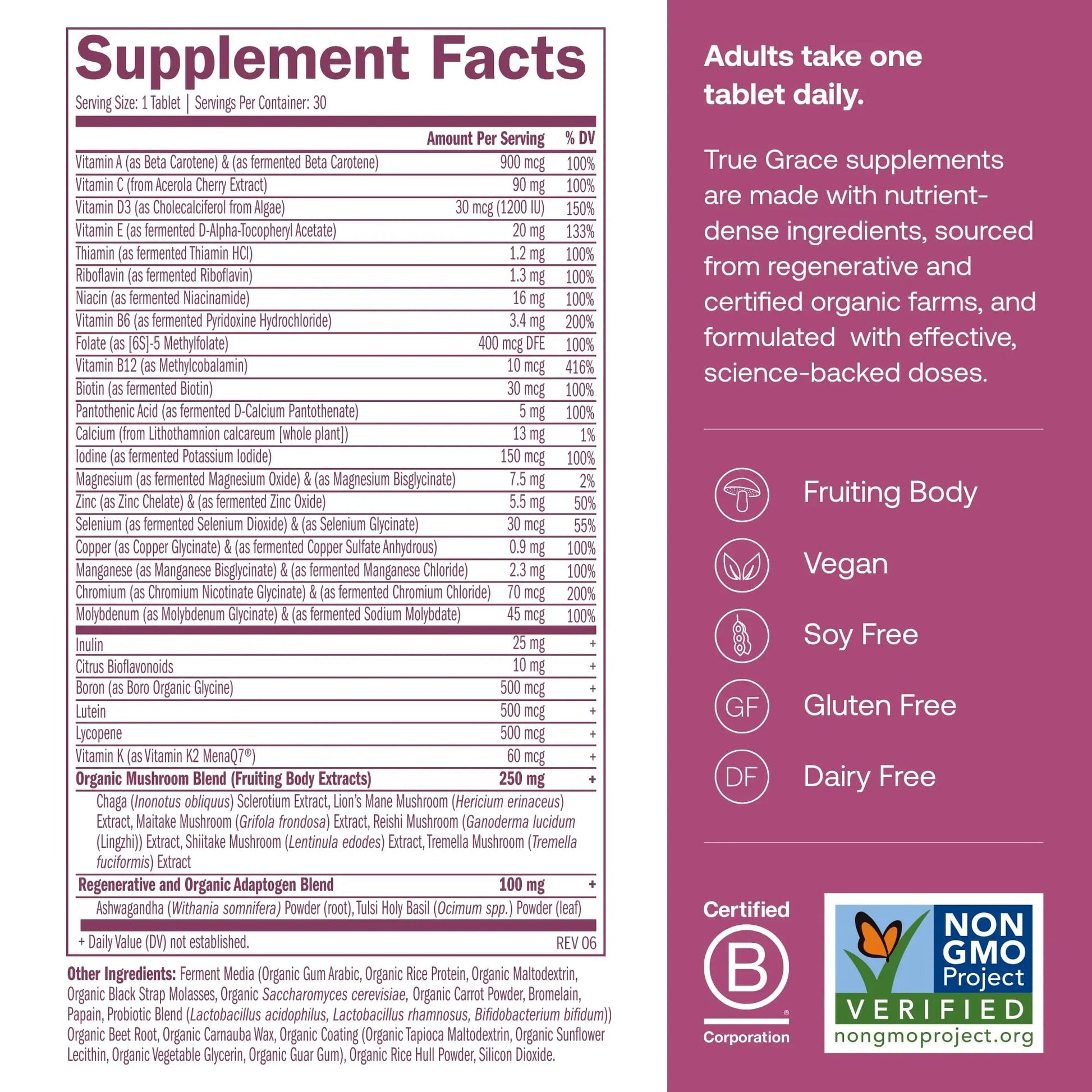 True Grace One Daily Women’s Multivitamin 40+ Fermented Minerals, Organic Adaptogens & Mushrooms Energy, Immune, Bone Support True Grace uk supplements