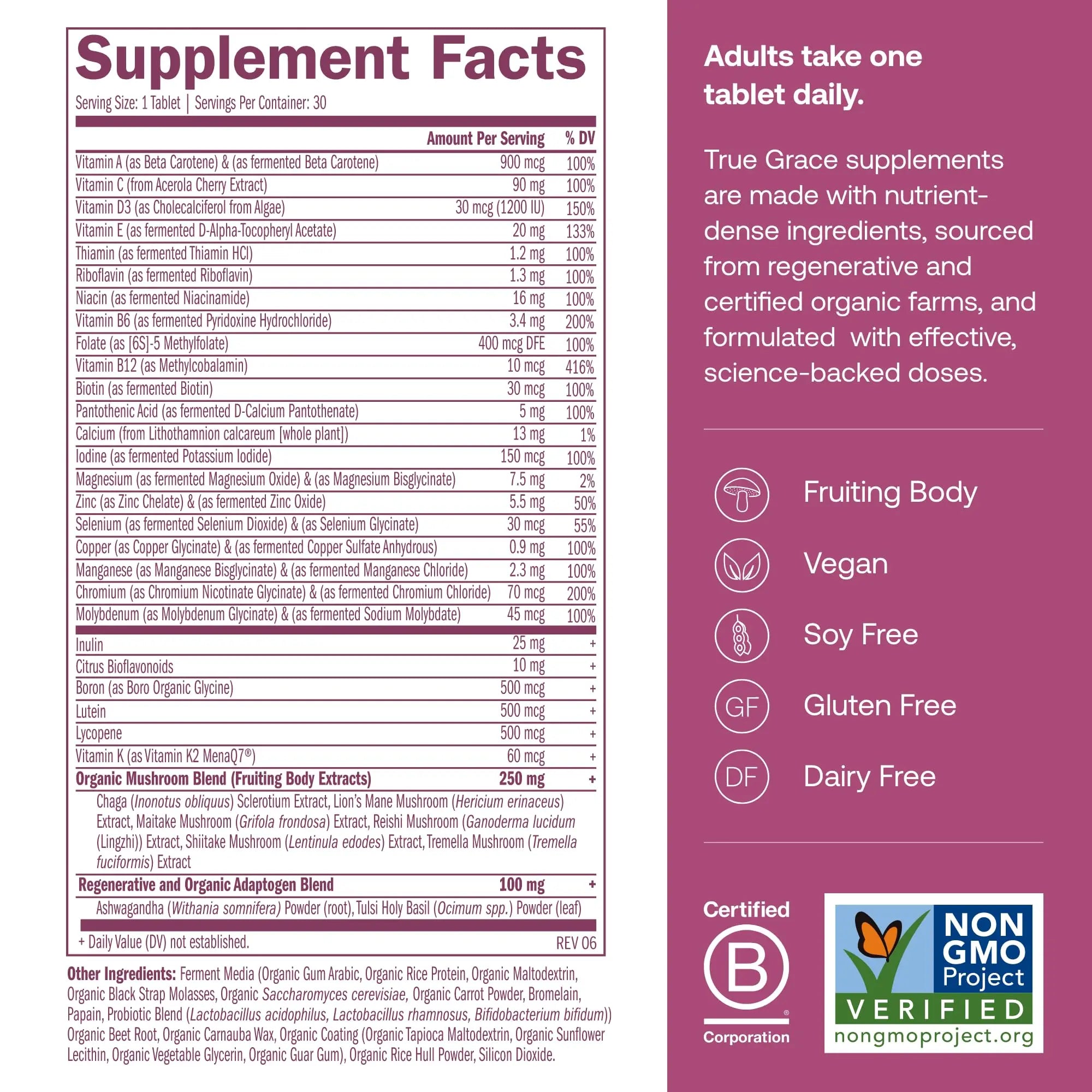 True Grace One Daily Women’s Multivitamin 40+ Fermented Minerals, Organic Adaptogens & Mushrooms Energy, Immune, Bone Support True Grace uk supplements