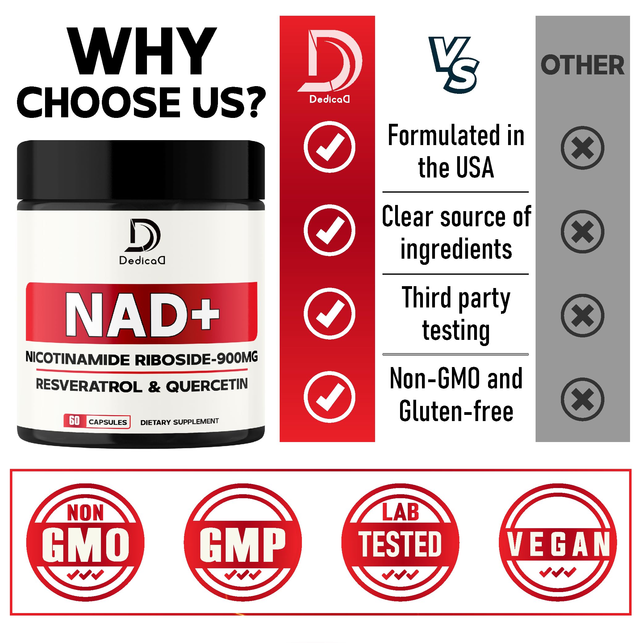 DEDICAD NAD Supplement with Nicotinamide Riboside, Trans-Resveratrol, Quercetin - Cellular Energy & Repair, Vitality, Healthy Aging - 60 Count DEDICAD uk supplements