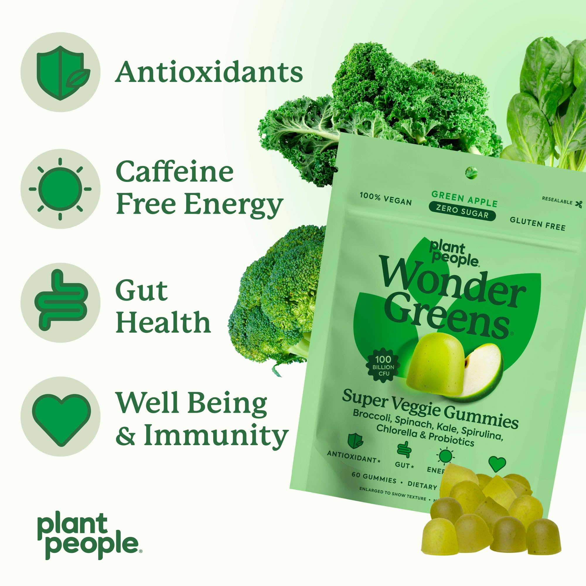 Plant People WonderGreens Veggie Gummies Super Greens with Probiotics Multivitamin Support Gummy for Wellbeing, Energy, Immune and Gut Health, Green Apple Flavor (60 Count) Plant People uk supplements