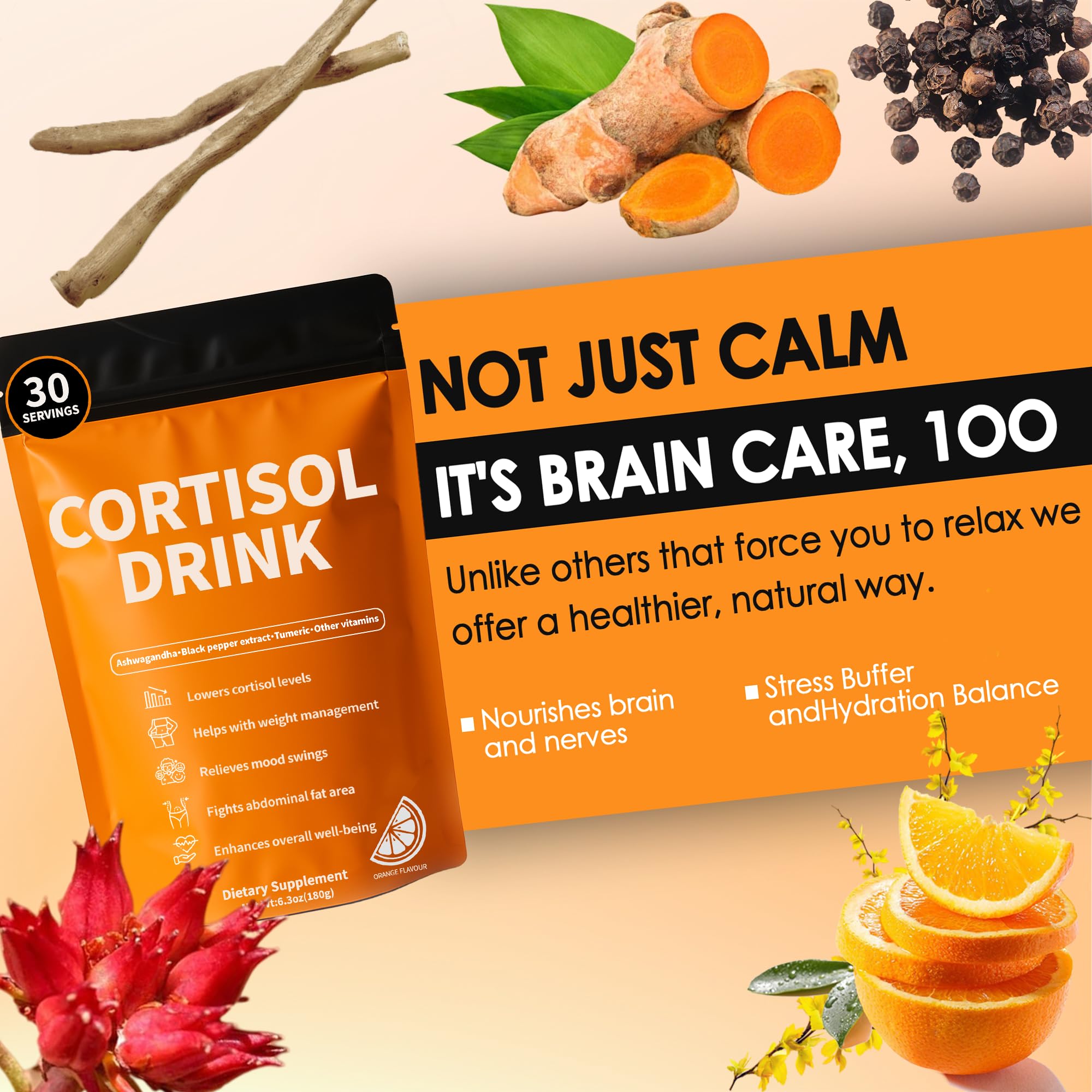 Cortisol Drink Powder - Natural Cortisol Supplements for Ashwagandha, L-Theanine, Turmeric Root, Black Pepper Extract, Relaxation, Focus, Mental Clarity oviaapo uk supplements
