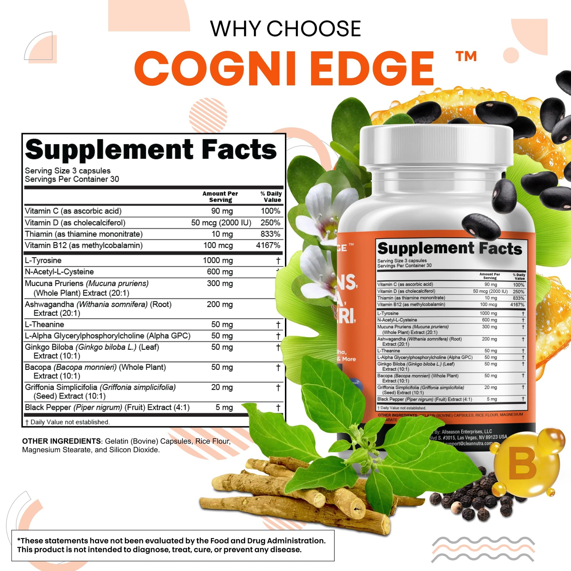 Clean Nutraceuticals L Tyrosine Mucuna Pruriens Bacopa Monnieri Ashwagandha Focus Supplement w/N-Acetyl Cysteine NAC 5-HTP Ginkgo Biloba Alpha GPC Vitamin C D B1 B12 Clean Nutraceuticals uk supplements