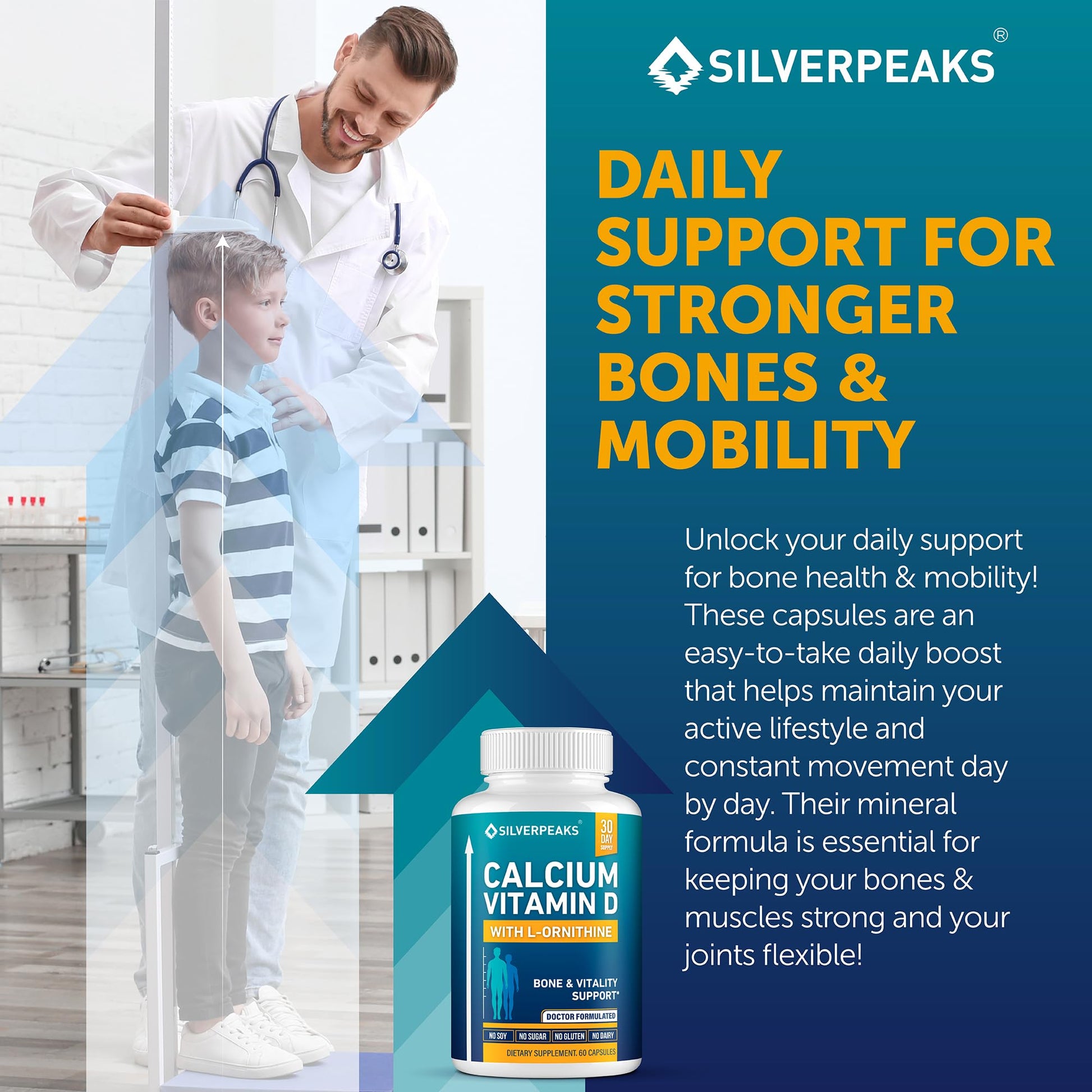 Calcium Supplement with Vitamin D3 and Zinc for Bone Health – Supports Bone Strength & Density – Gentle Non-Constipating Mineral & Amino Acids Blend for Women & Men - 60 Capsules (30 Day Supply) SILVERPEAKS uk supplements