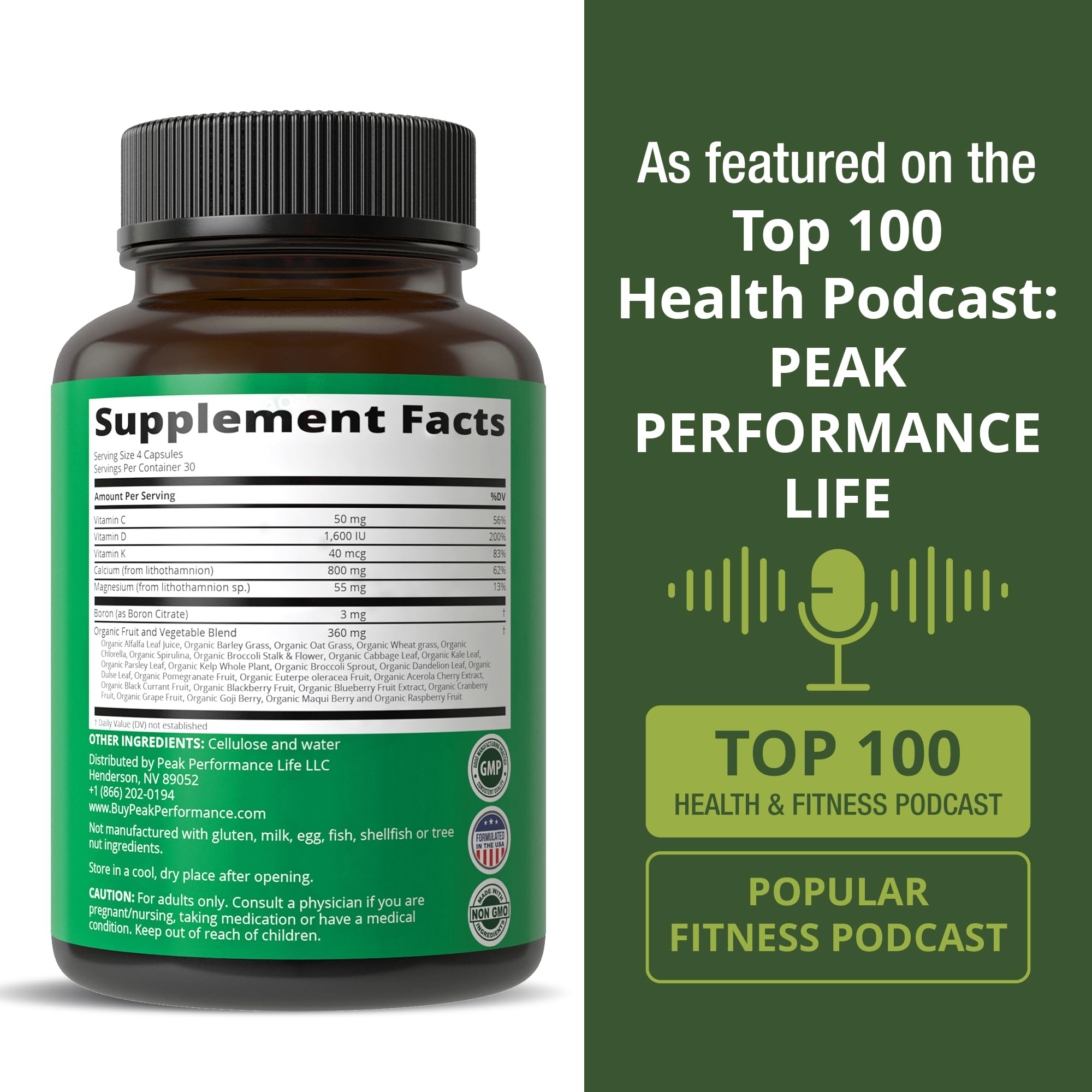 Plant Based Calcium - Red Marine Algae Calcium Supplement with Vitamin C, D3, K, Magnesium, and Whole Food Vegetable Blend. Vegan Capsules for Bones and Joints. 120 Pills, Tablets Peak Performance uk supplements