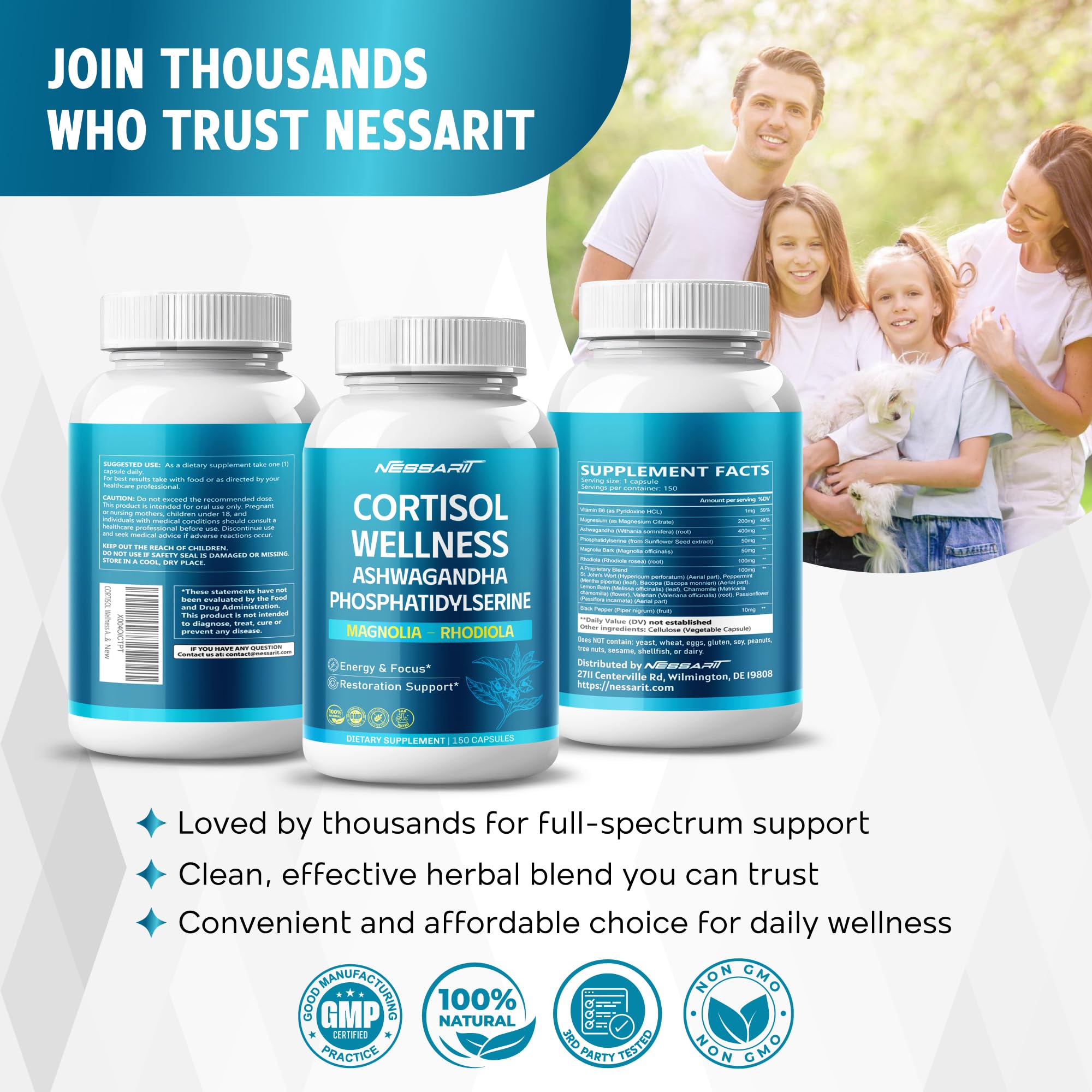 CORTISOL Wellness Ashwagandha 14-in-1 Natural Blend with Phosphatidylserine Magnolia Rhodiola St. John's Wort Peppermint Bacopa - 150 Count NESSARIT uk supplements