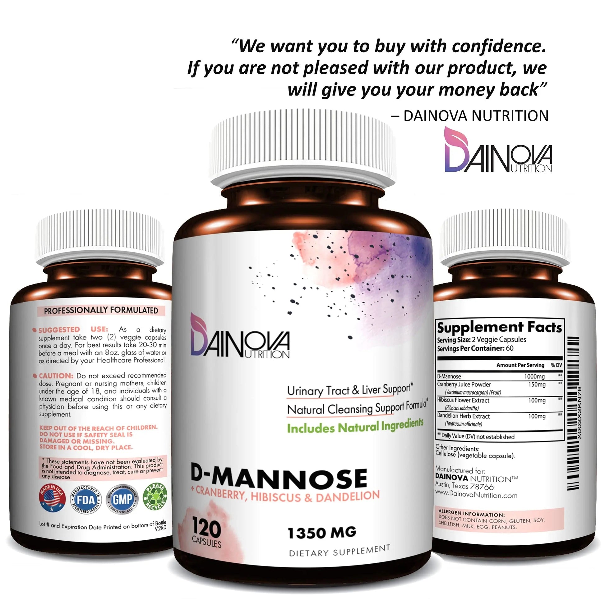 Dainova D Mannose 1350mg with Cranberry I D-Mannose Capsules for UTI Prevention, Urinary Tract Support, Urinary Tract Health for Women, & Cleanse. W/Hibiscus & Dandelion, 120 Veggie Capsules Dainova Nutrition uk supplements