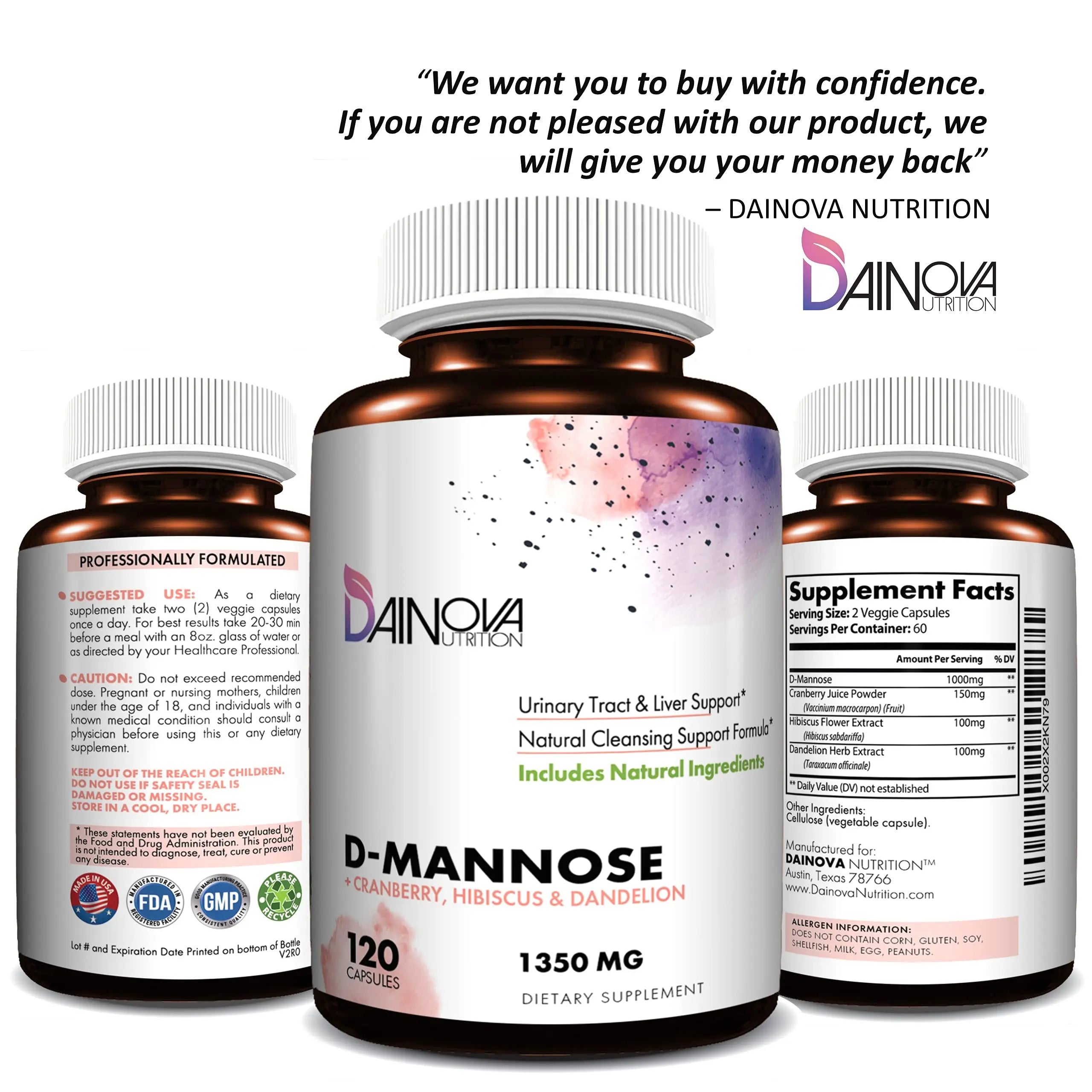 Dainova D Mannose 1350mg with Cranberry I D-Mannose Capsules for UTI Prevention, Urinary Tract Support, Urinary Tract Health for Women, & Cleanse. W/Hibiscus & Dandelion, 120 Veggie Capsules Dainova Nutrition uk supplements