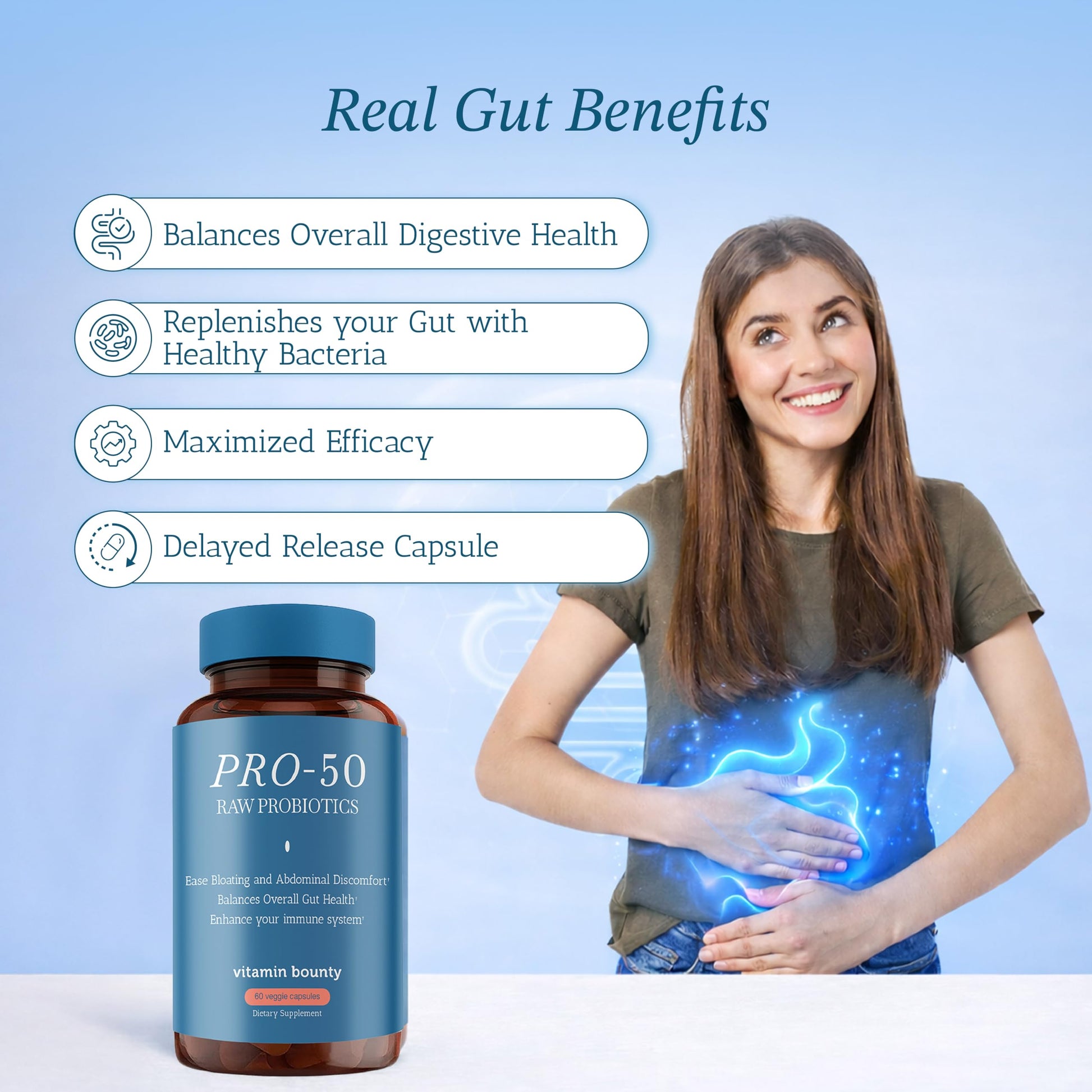 Vitamin Bounty Pro-50 Probiotics 50 Billion CFU for Women & Men - 13 Multi Strain Probiotic + Prebiotic - Digestive Health Supplements for Gut Health Support - Delayed Release Capsules for Men & Women Vitamin Bounty uk supplements