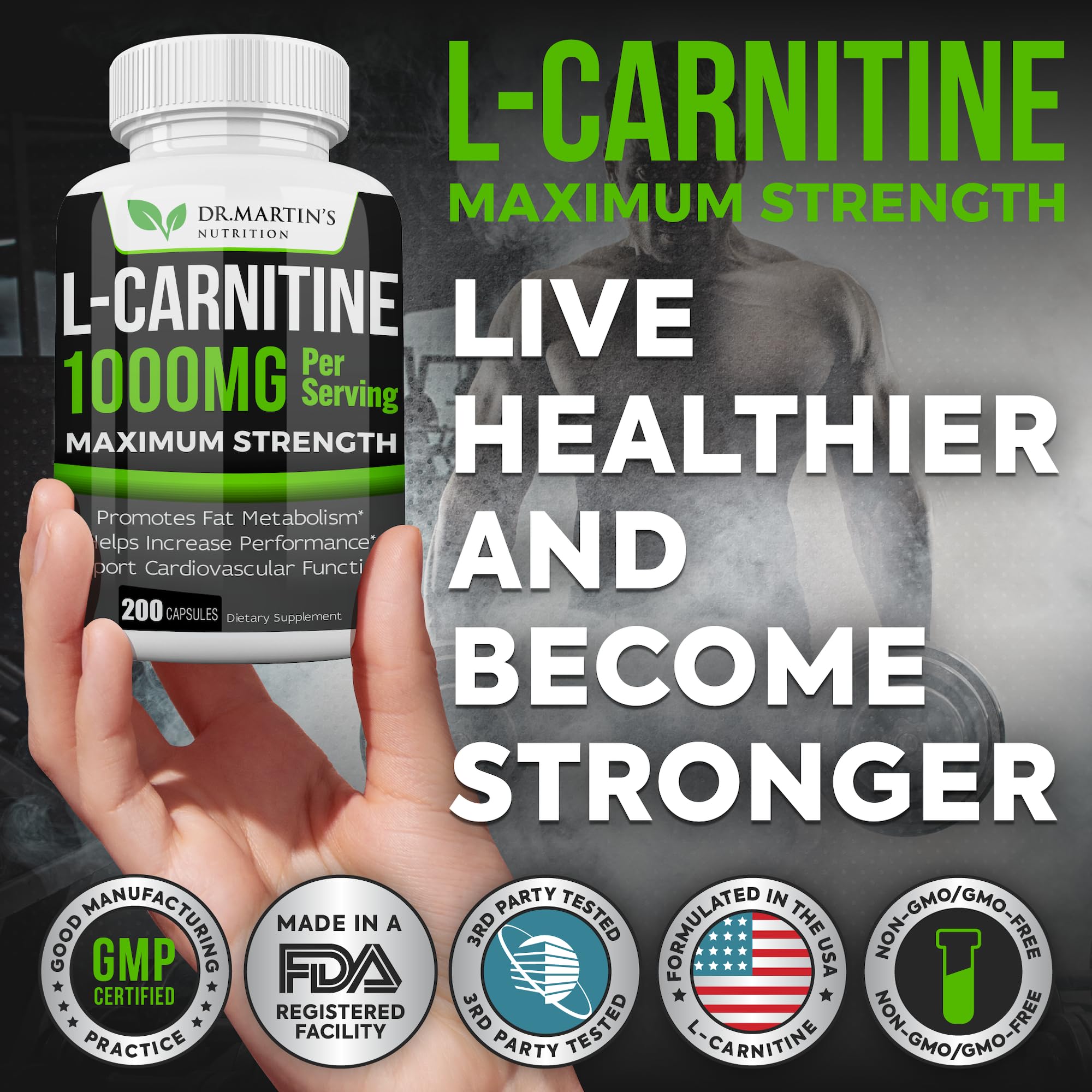 DR. MARTIN'S NUTRITION Extra Strength L-Carnitine - 200 Capsules - 1000mg Per Serving - Boost Your Metabolism and Increase Performance DR. MARTIN'S NUTRITION uk supplements