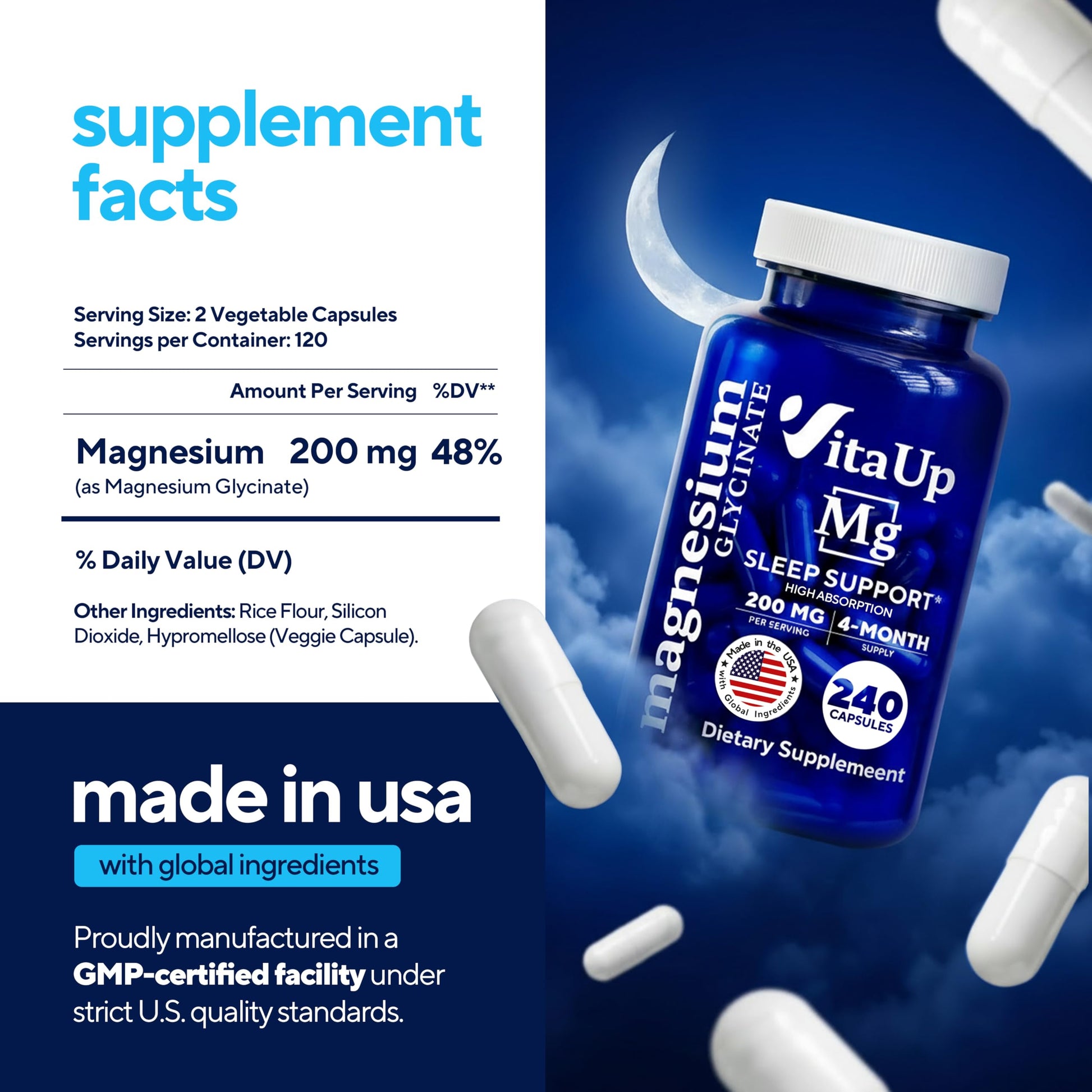 VitaUp Magnesium Glycinate 200mg - USA Made, Highly Absorbed, Non-GMO Magnesium for Relaxation, Deep Sleep, Bones & Heart - 200mg per Serving, 120 Vegan Capsules VitaUp uk supplements