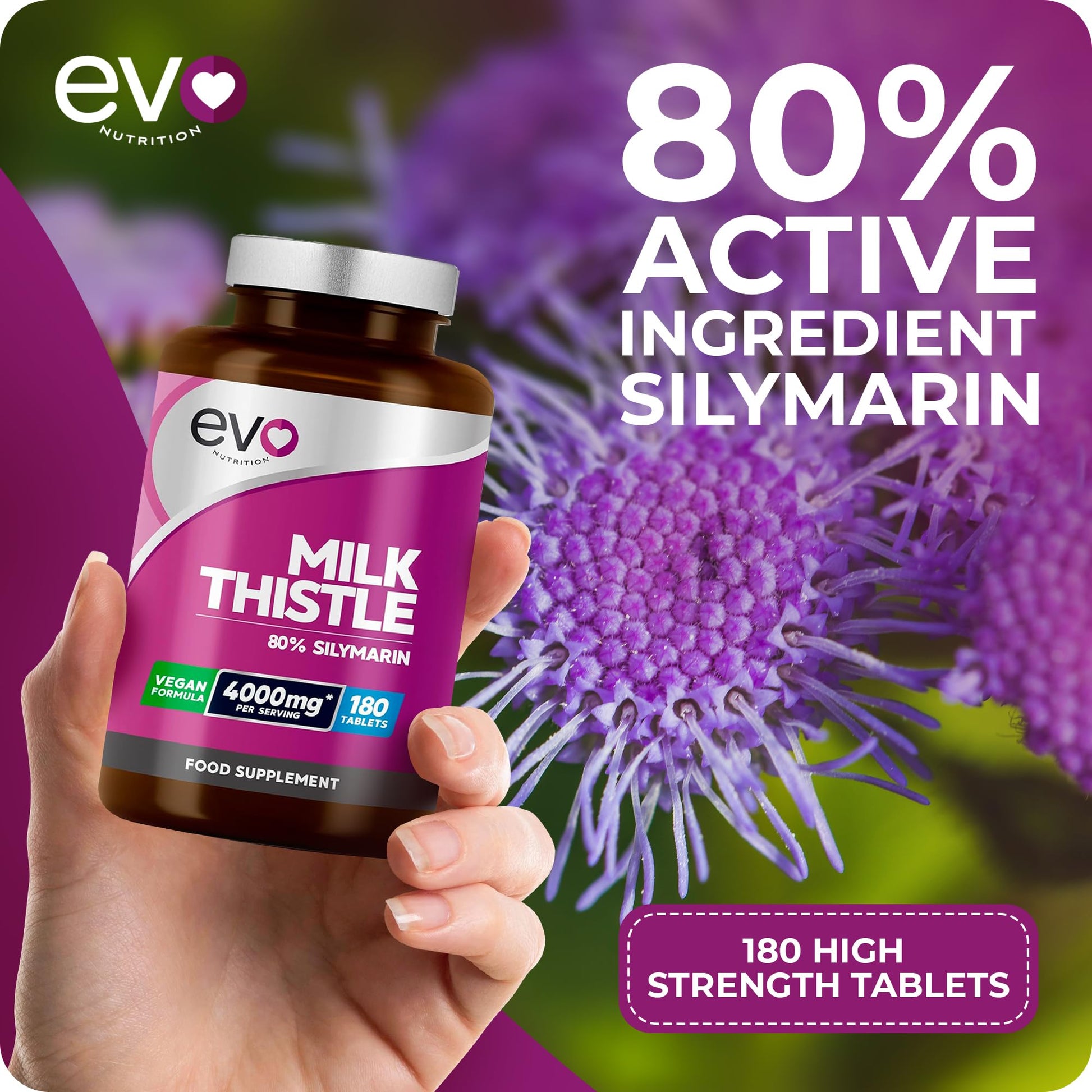 Milk Thistle Tablets 4000mg | 80% Silymarin | 180 Tablets | High Strength Vegan Supple EVO NUTRITION uk supplements