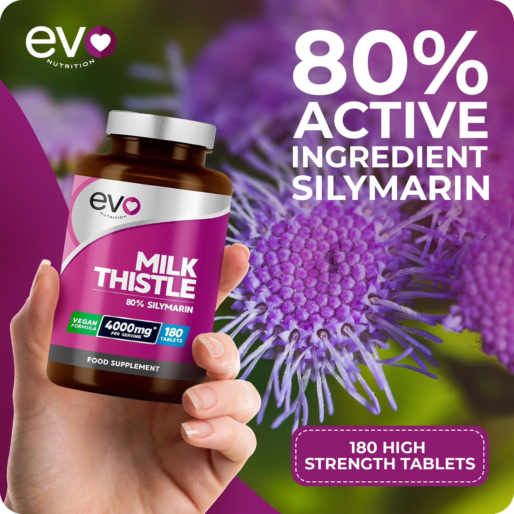 Milk Thistle Tablets 4000mg | 80% Silymarin | 180 Tablets | High Strength Vegan Supple EVO NUTRITION uk supplements