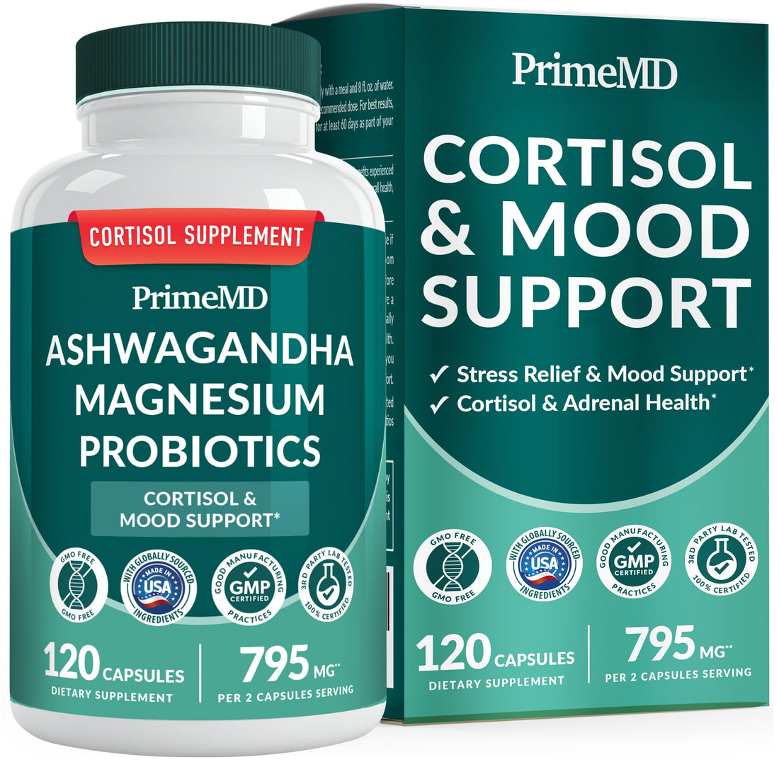 5-in-1 Cortisol Supplement for Women and Men with Ashwagandha for Calmness, Focus, and Adrenal Support Supplements with Shilajit Extract, Magnesium Glycinate, Probiotics (120 ct) (Pack of 1) PrimeMD uk supplements