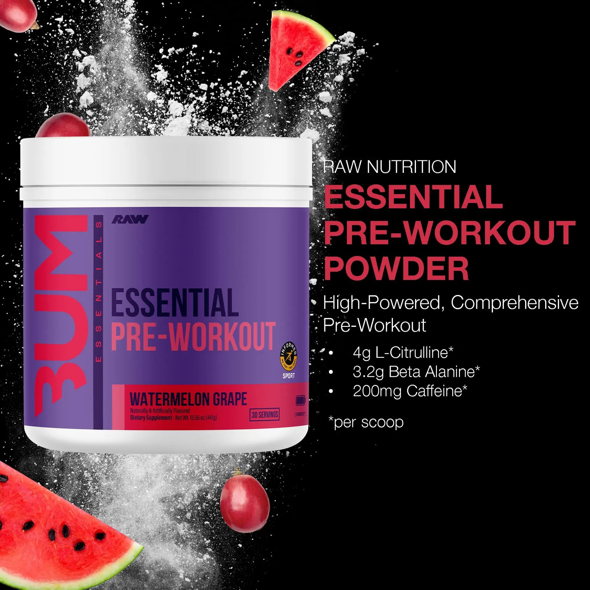 RAW Essential Pre-Workout Powder (Watermelon Grape) - Chris Bumstead Sports Nutrition Supplement for Men & Women - Preworkout Energy Powder with Caffeine, L-Citrulline, RAW uk supplements