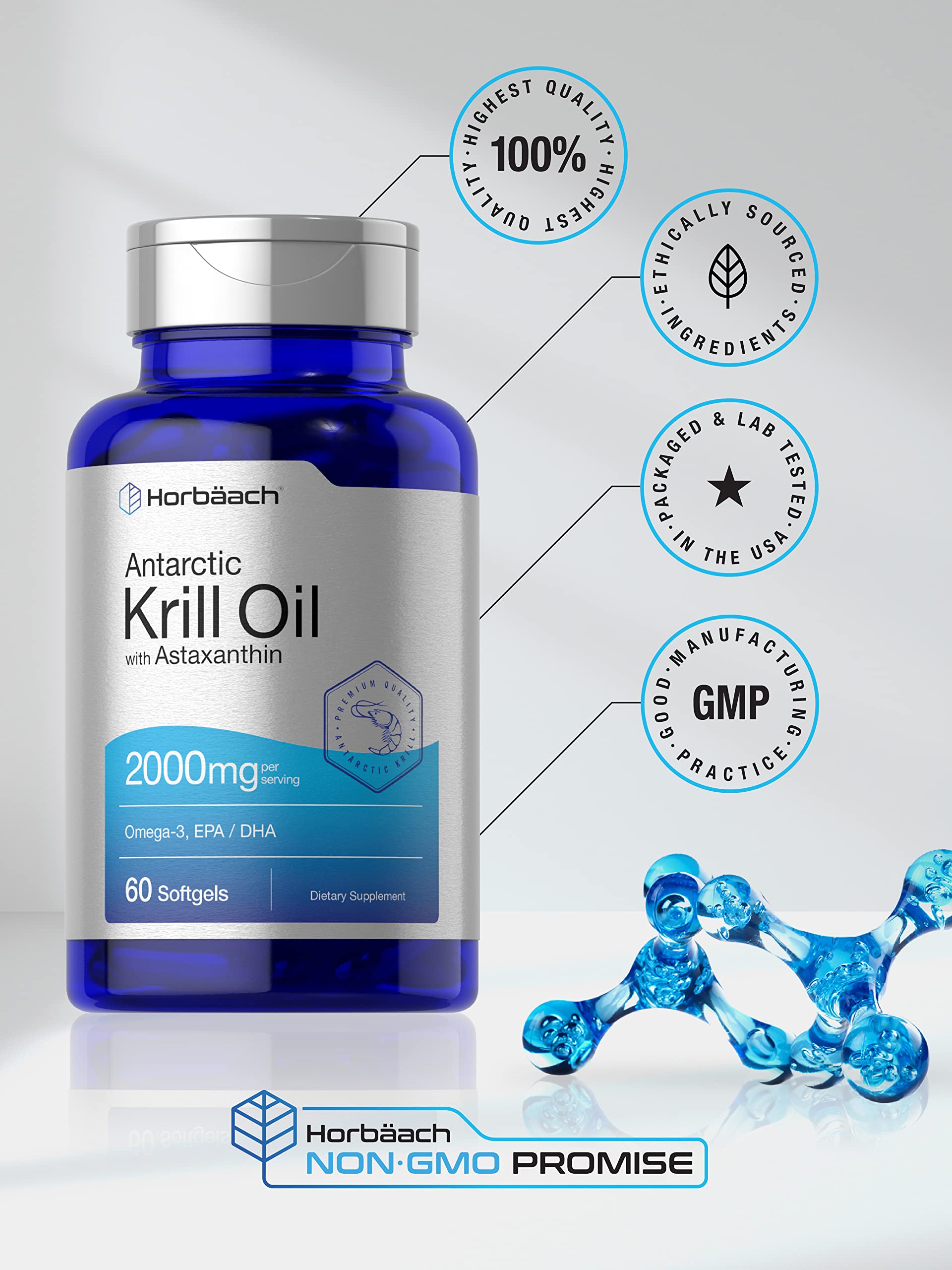 Horbäach Antarctic Krill Oil 2000mg | 60 Softgel Capsules | Omega-3, EPA, DHA Supplemen Horbäach uk supplements