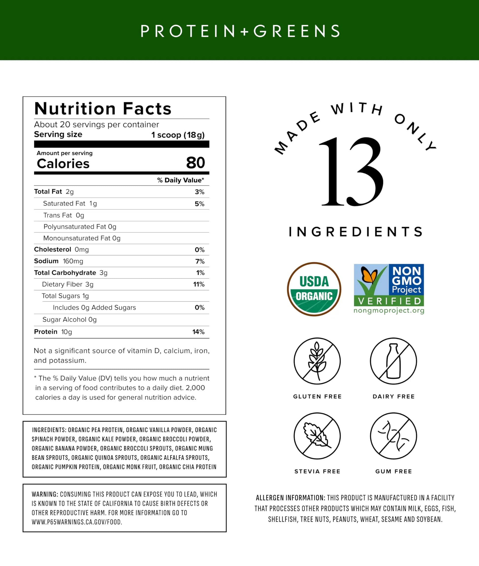 Truvani Protein + Greens Supplement | Spinach, Kale & Broccoli | 10g Organic Plant Based Protein | 20 Servings | USDA Organic | Gluten & Dairy Free Truvani uk supplements