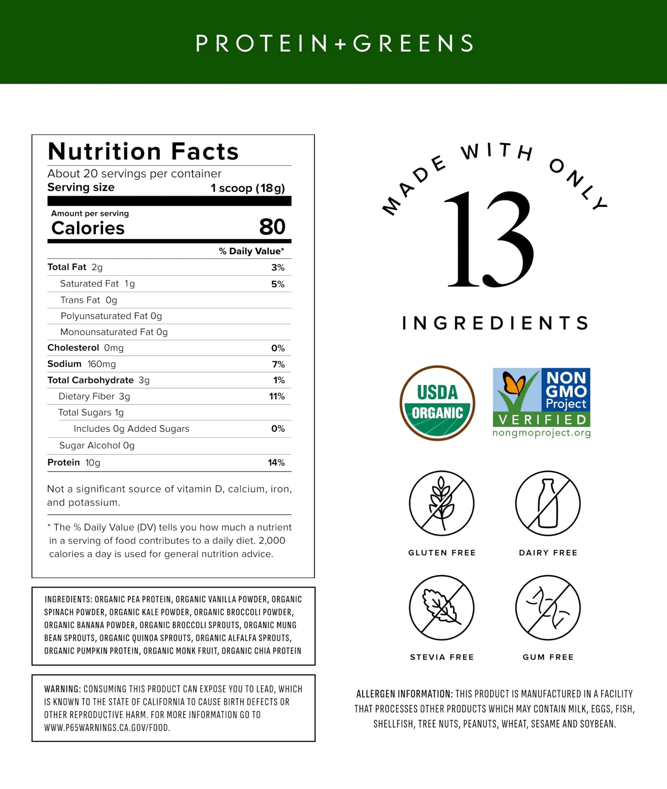 Truvani Protein + Greens Supplement | Spinach, Kale & Broccoli | 10g Organic Plant Based Protein | 20 Servings | USDA Organic | Gluten & Dairy Free Truvani uk supplements