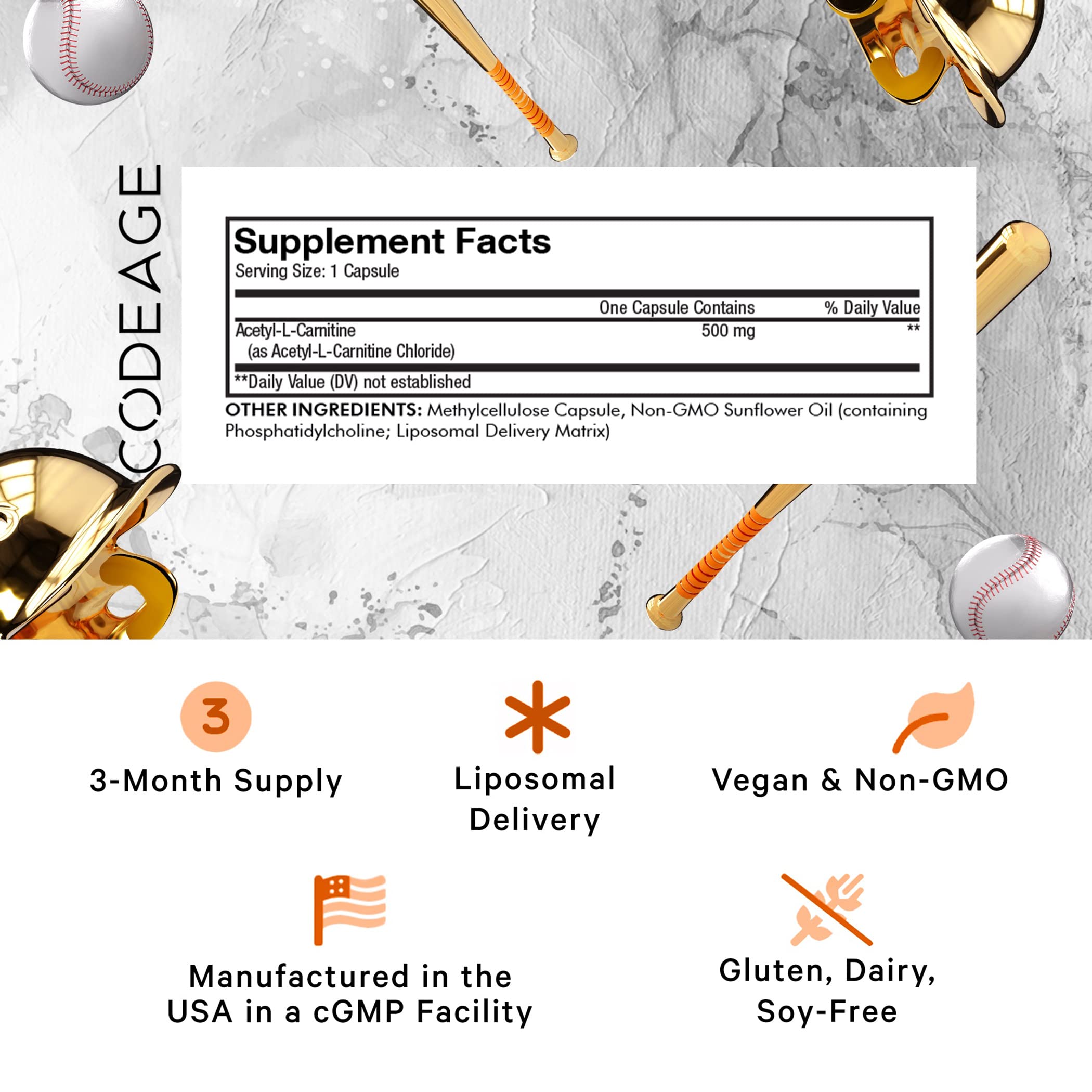 Codeage Liposomal Acetyl-L-Carnitine+ Supplement - 500 mg Acetyl-L-Carnitine per Serving - 3-Month Supply, Liposomal Delivery - Alcar Supplement - L-Carnitine - Non-GMO, Gluten-Free, 90 Capsules Codeage uk supplements