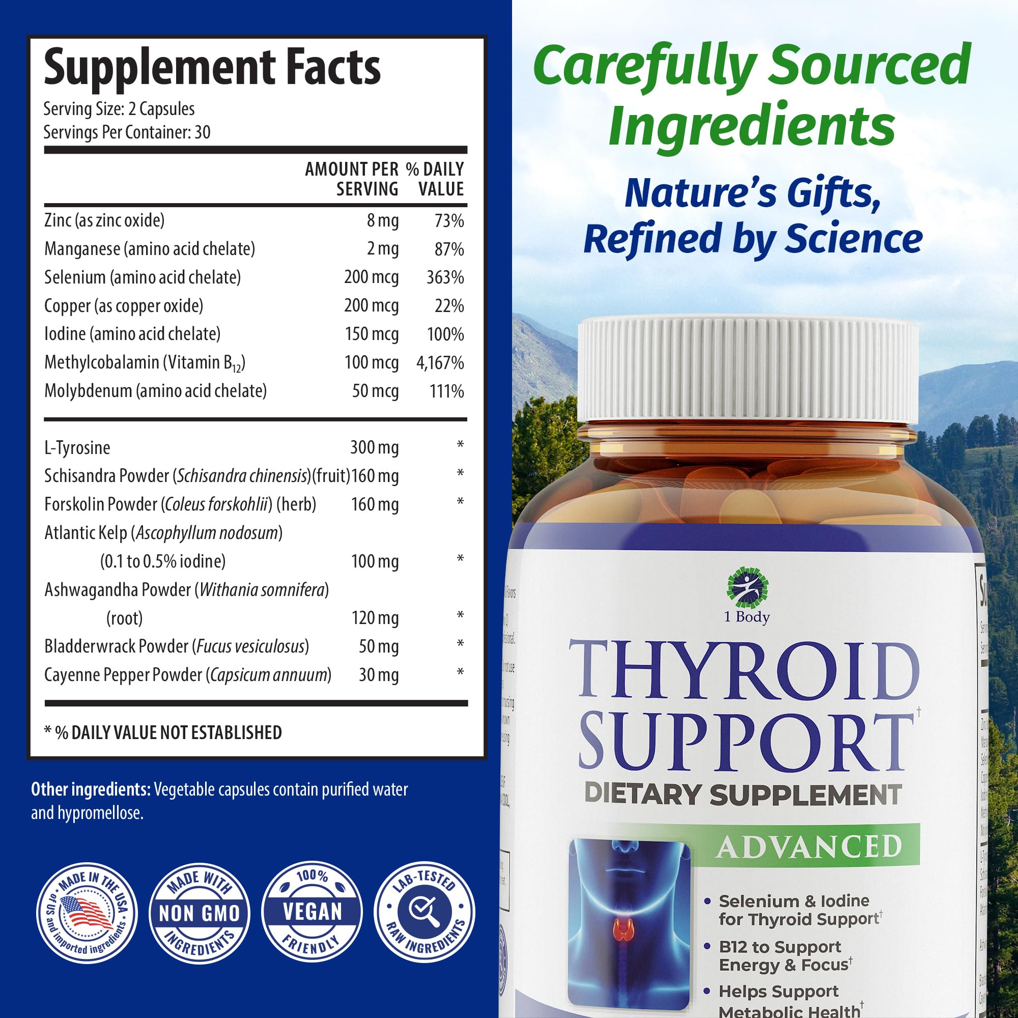 1 Body Thyroid Support Supplement for Women and Men, Selenium with Iodine, Zinc, B12, Ashwagandha and L-Tyrosine, Supports Hormone Health, Energy and Metabolism, 30 Day Supply 1 Body uk supplements