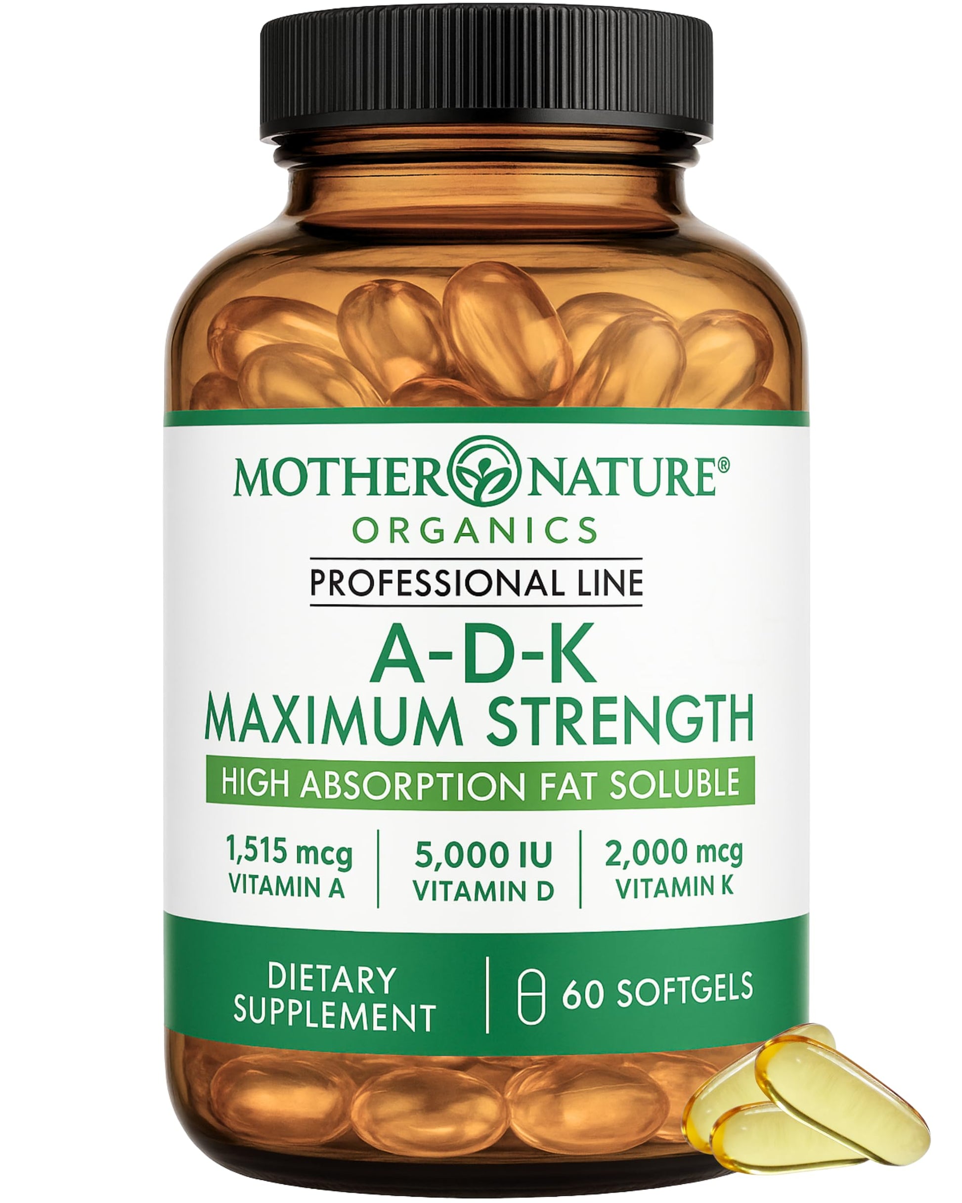 ADK Vitamin Supplement - 5000 IU Vitamin D3 + A & K2 MK-7 - High Absorption for Bone, Heart & Immune Support - Non-GMO (60 Softgels) Mother Nature Organics Superfoods for Organic Living uk supplements