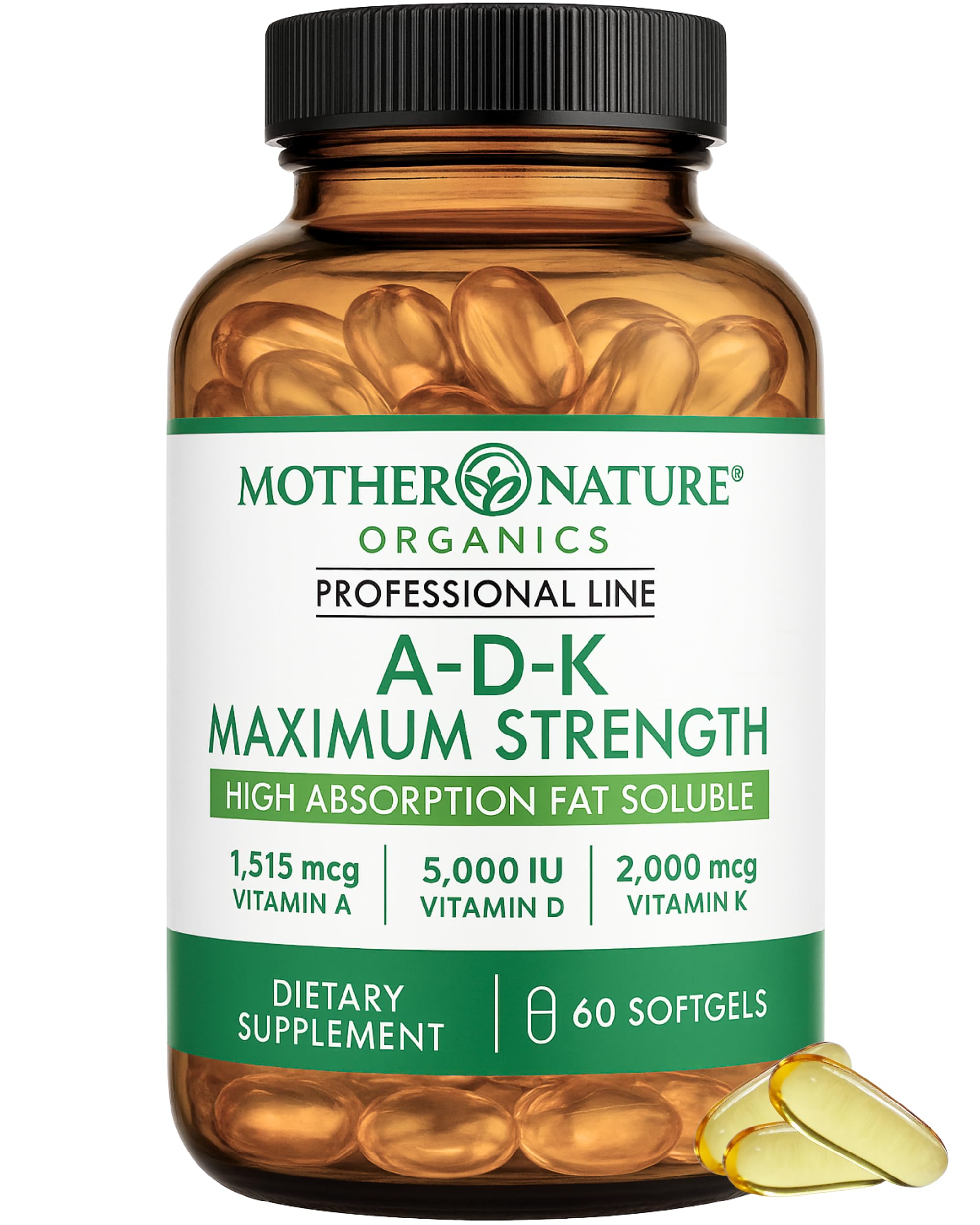 ADK Vitamin Supplement - 5000 IU Vitamin D3 + A & K2 MK-7 - High Absorption for Bone, Heart & Immune Support - Non-GMO (60 Softgels) Mother Nature Organics Superfoods for Organic Living uk supplements