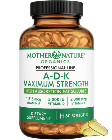 ADK Vitamin Supplement - 5000 IU Vitamin D3 + A & K2 MK-7 - High Absorption for Bone, Heart & Immune Support - Non-GMO (60 Softgels) Mother Nature Organics Superfoods for Organic Living uk supplements