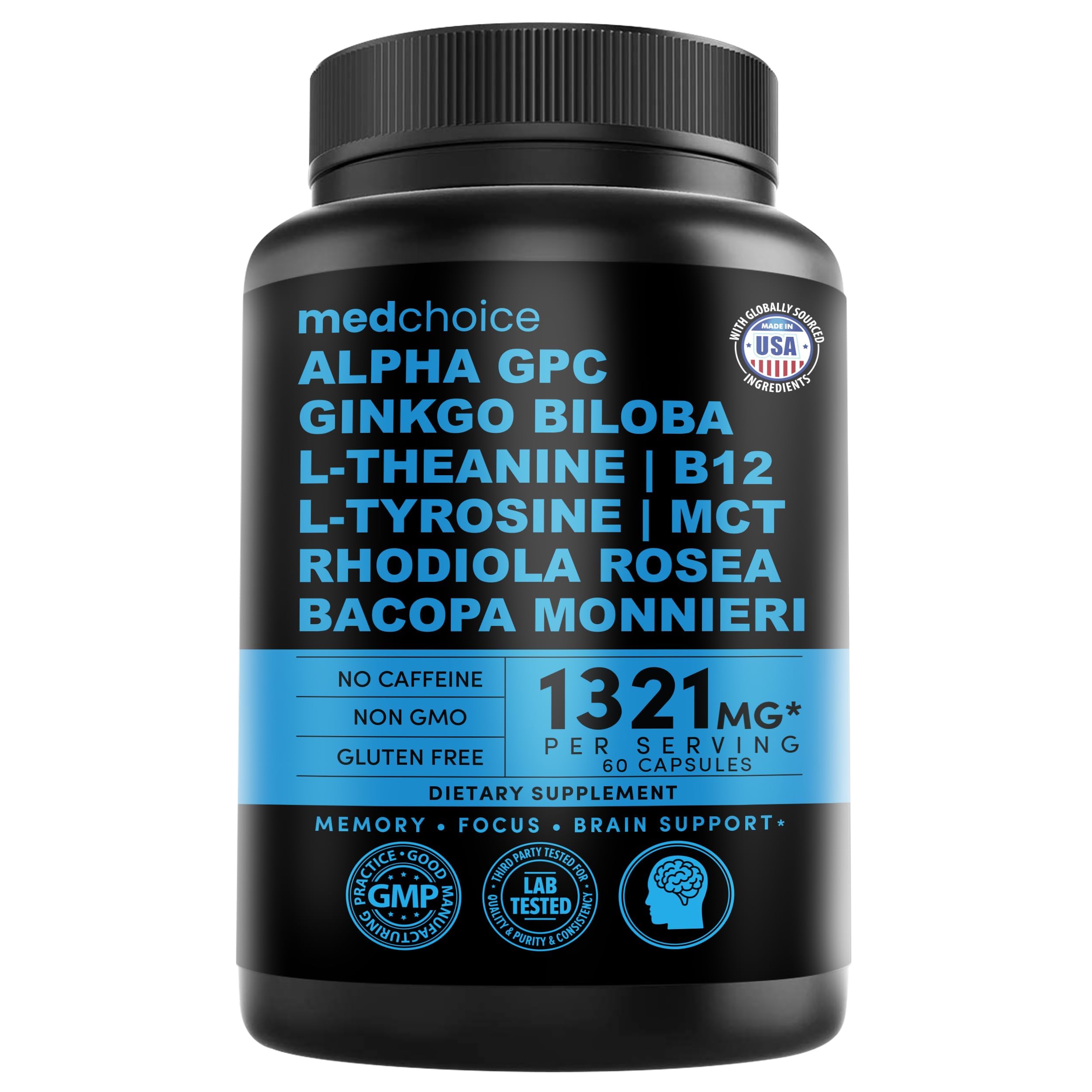 12-in-1 Nootropic Brain Supplement Anhydrous: Ginkgo Biloba for Brain Support, Memory and Focus - B12, Alpha GPC, L Theanine and Choline Supplements with Bioperine Non Caffeinated 1321mg (60ct) MEDCHOICE uk supplements