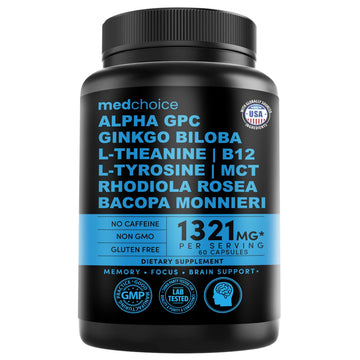 12-in-1 Nootropic Brain Supplement Anhydrous: Ginkgo Biloba for Brain Support, Memory and Focus - B12, Alpha GPC, L Theanine and Choline Supplements with Bioperine Non Caffeinated 1321mg (60ct) MEDCHOICE uk supplements