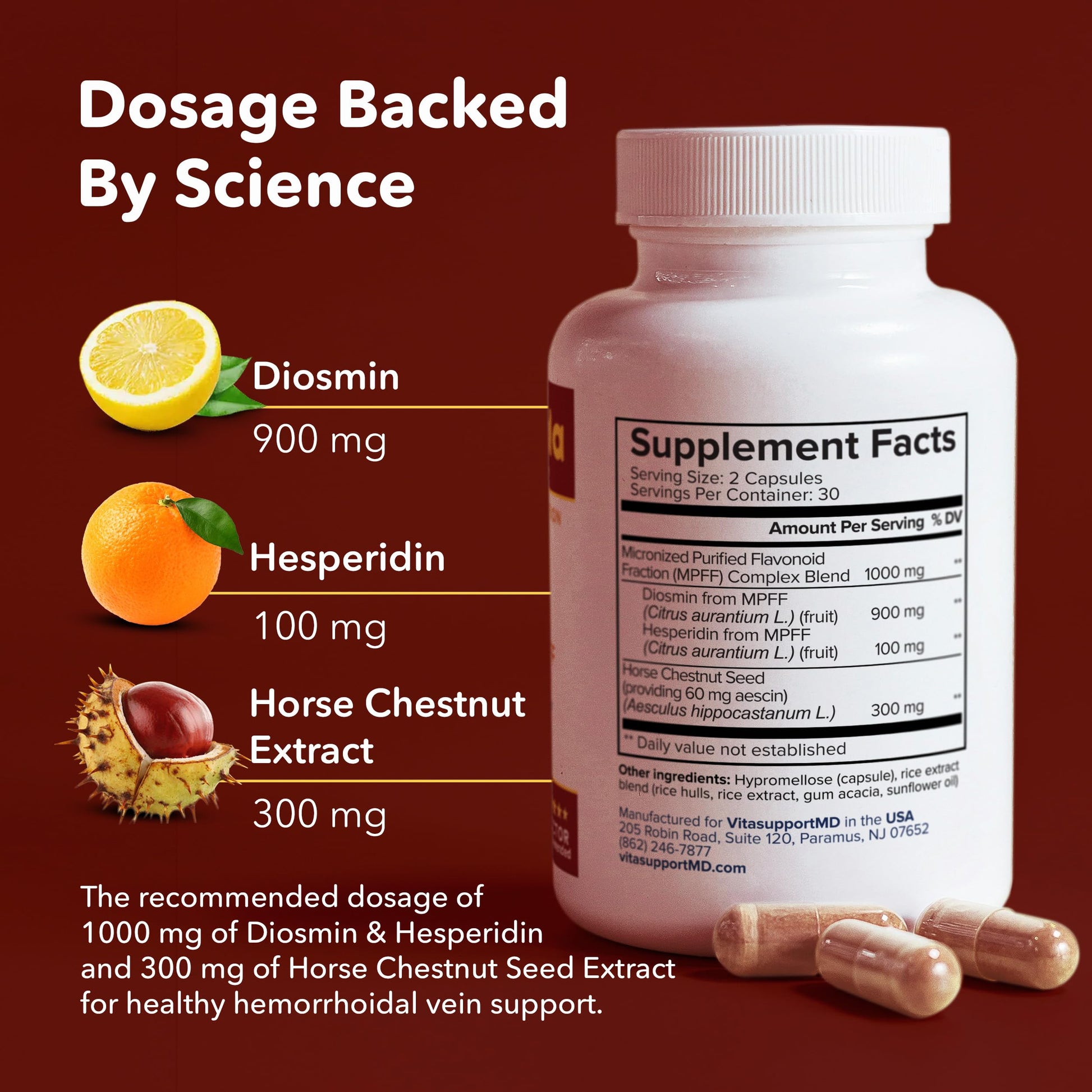 VITASUPPORTMD H Formula Diosmin Hesperidin 1000mg, Horse Chestnut Extract 300mg, Hemorrhoidal Vein Support, Micronized MPFF Bioflavonoids Supplement for Hemorrhoidal Vein Health Support, 60 Capsules VITASUPPORTMD uk supplements