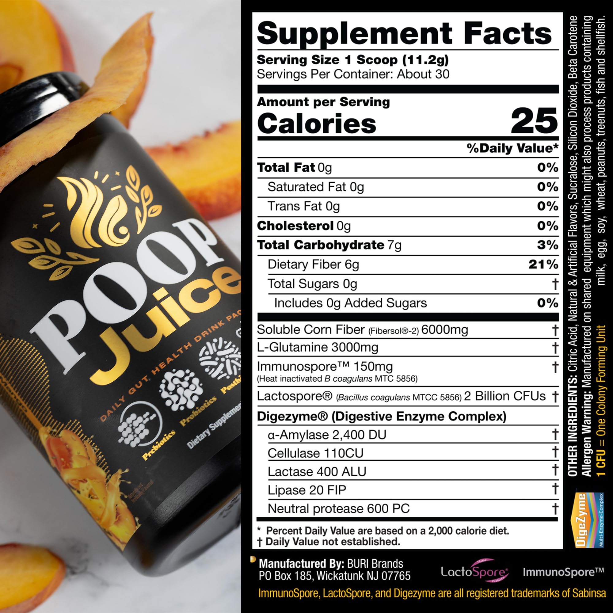 Poop Juice 5-in-1 Daily Fiber Supplement Powder - Bloat & Poop Relief - Prebiotic, Probiotic, Postbiotic, Digestive Enzymes, L-Glutamine - GLP-1 Support - Sugar-Free Georgia Peach Mango (30 Servings) Poop Juice uk supplements