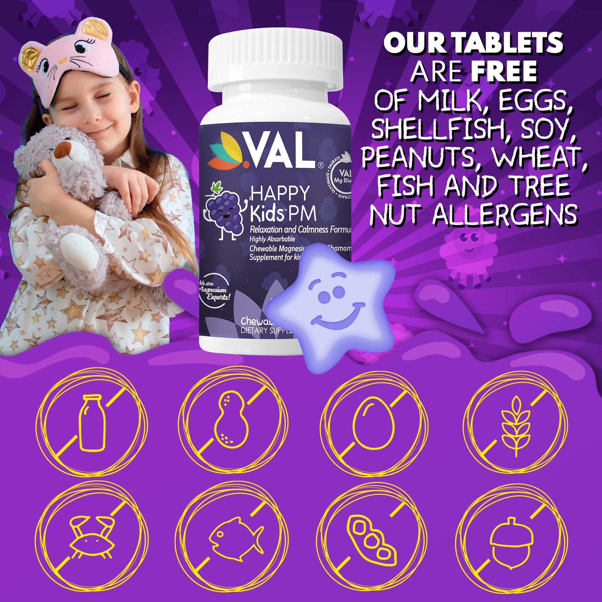 VAL Kids PM Magnesium Gummies | Sugar-Free Chewable Tablets with Chamomile, Magnesium Glycinate + Citrate + Taurate | Vitamin B6 & C | Natural Grape Flavor | Sleep & Calm Support | 60 Ct | Ages 4+ VAL uk supplements