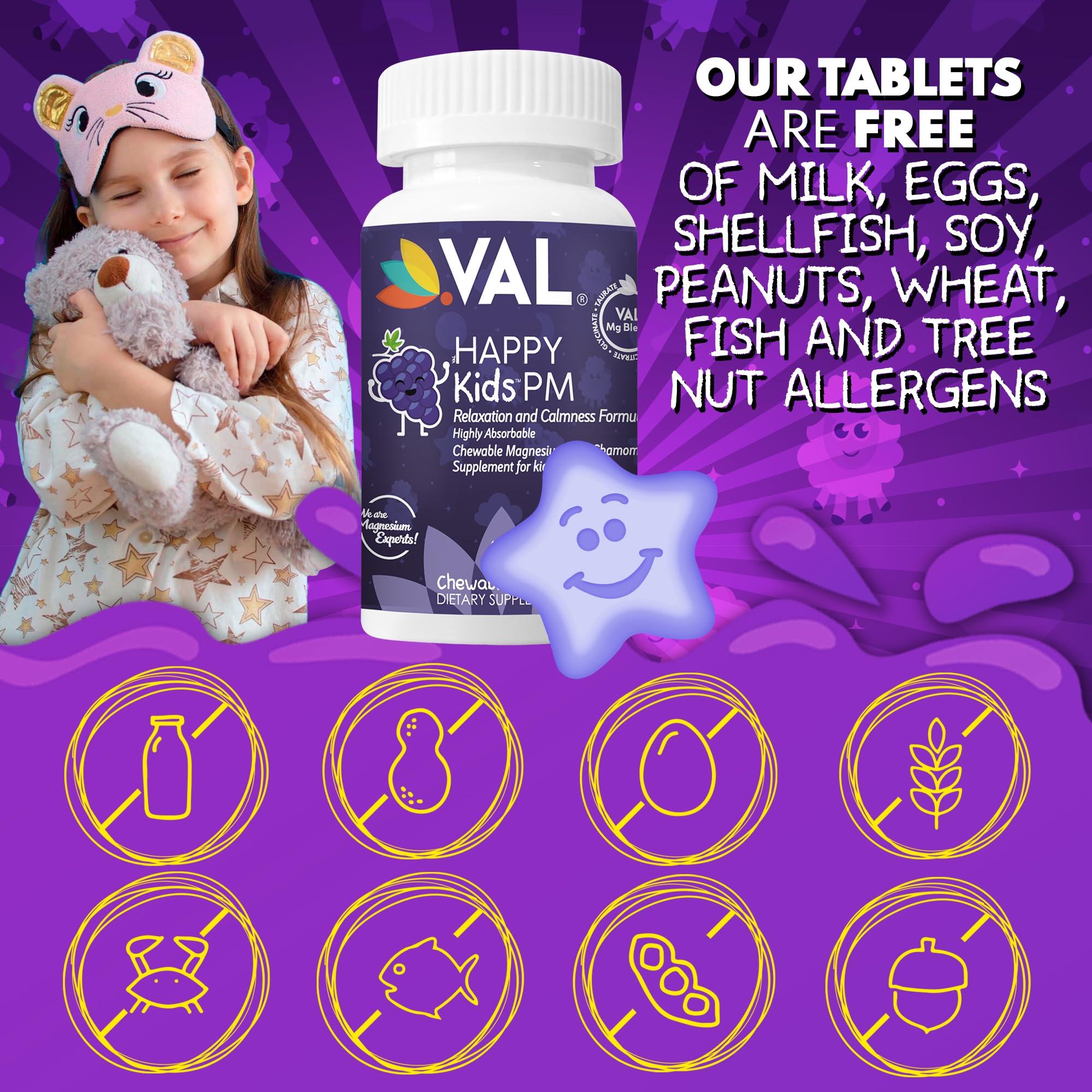 VAL Kids PM Magnesium Gummies | Sugar-Free Chewable Tablets with Chamomile, Magnesium Glycinate + Citrate + Taurate | Vitamin B6 & C | Natural Grape Flavor | Sleep & Calm Support | 60 Ct | Ages 4+ VAL uk supplements
