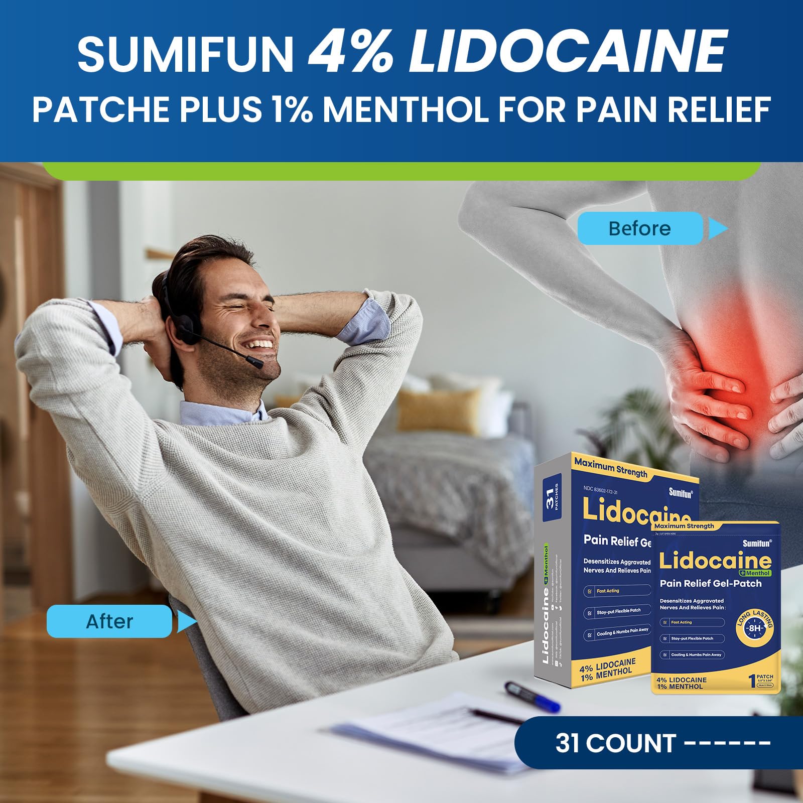 Sumifun Lidocaine Pain Relief Patches - Fast, Targeted Therapy Simple Backache, Soreness, Sprain, Joint Pain with Maximum Strength 4% Lidocaine and 1% Menthol (Large, Count, 31) NDC 83602-172-31 Sumifun uk supplements