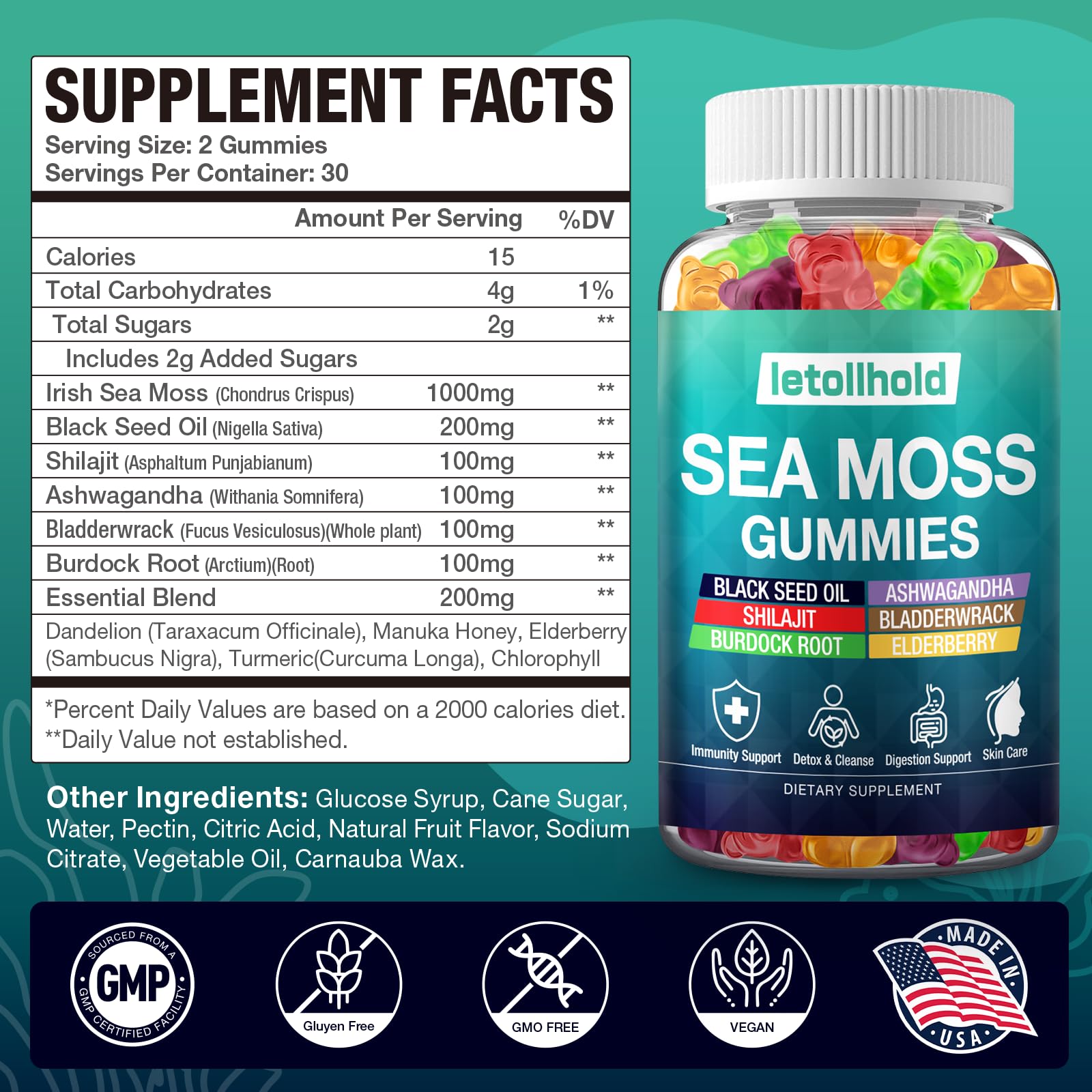 Sea Moss Gummies - Irish Sea Moss Gummies Advanced for Adults with Ashwagandha Bladderwrack & Burdock Root for Supports Immune，Energy - 60 Vegan Gummy,2PCS letollhold uk supplements