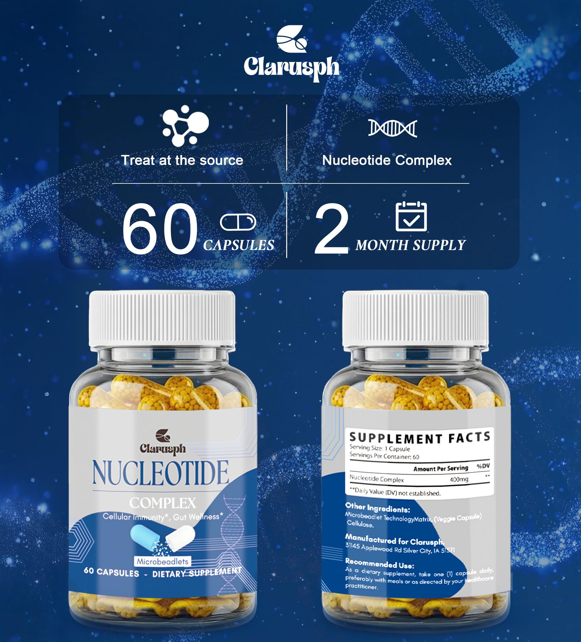Clarusph Immunity* Supplement, Immune* Nucleotide Complex Blend 400mg Including AMP, CMP, GMP, UMP, Nucleo Immune*, 120 Capsules Clarusph uk supplements