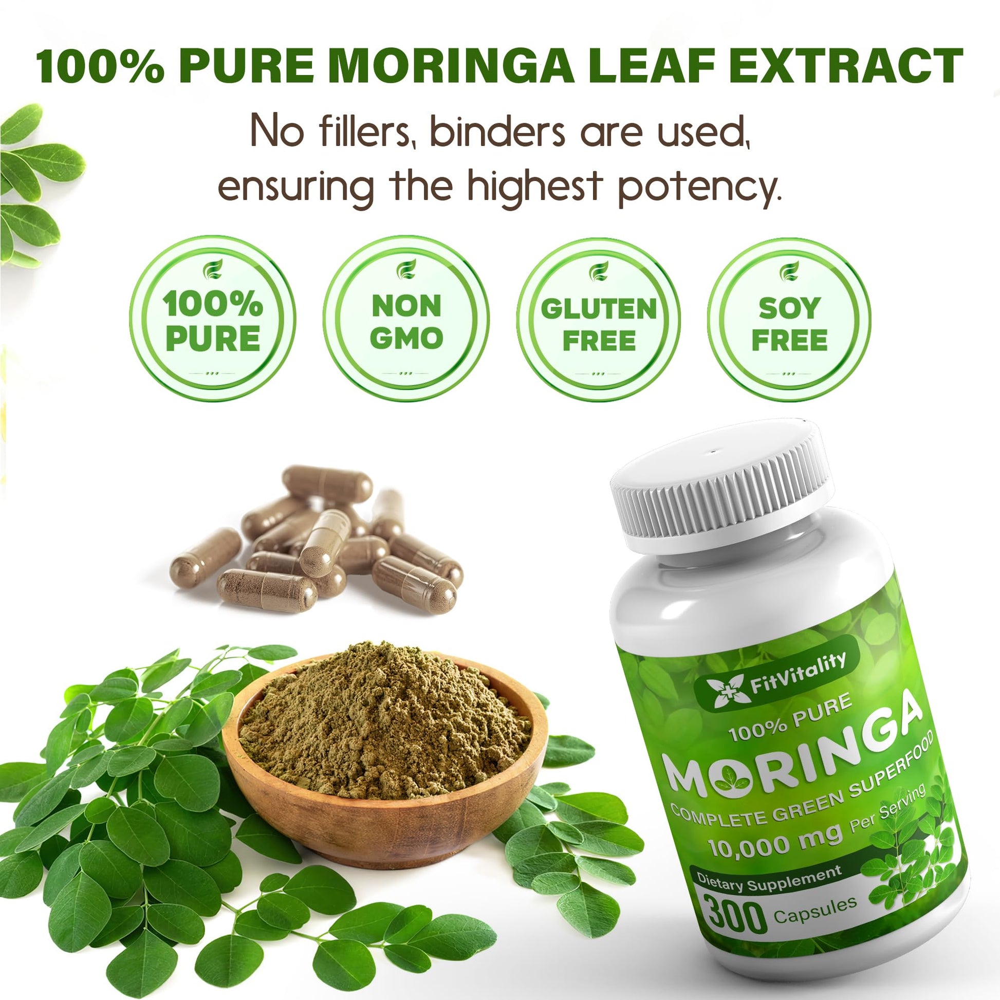 Moringa Capsules| Moringa Oleifera |10,000mg| 300 Capsules| 100% Pure| Non-GMO FitVitality uk supplements