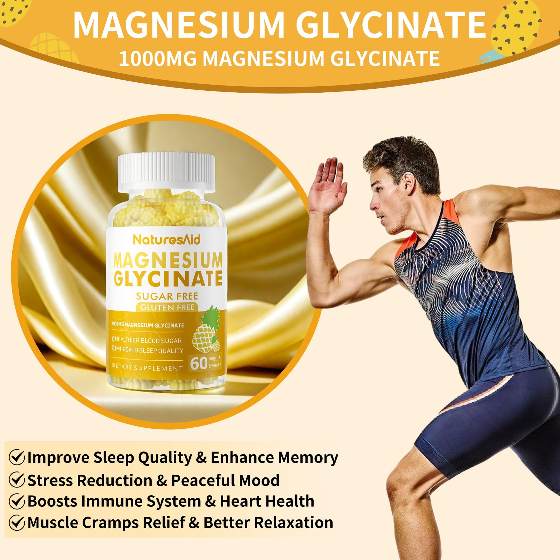 Magnesium Glycinate Gummies 1000mg - Sugar Free Magnesium Potassium Supplement with Vitamin D, B6, CoQ10 for Calm Mood & Sleep Support - 60 Pineapple Gummies -1 Pack Natures Aid uk supplements